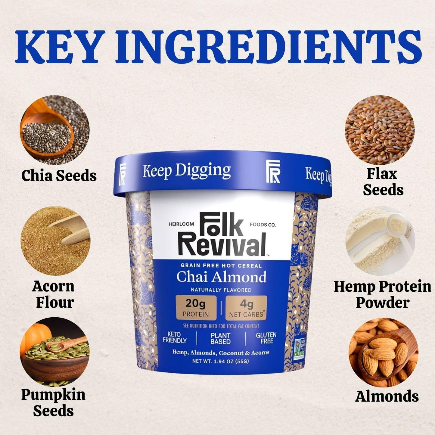 Folk Revival Chai Almond Keto Instant Oatmeal - 20G Protein, 4G Net Carbs, High Fiber, Non Gmo, Gluten Free, Made With Acorns -