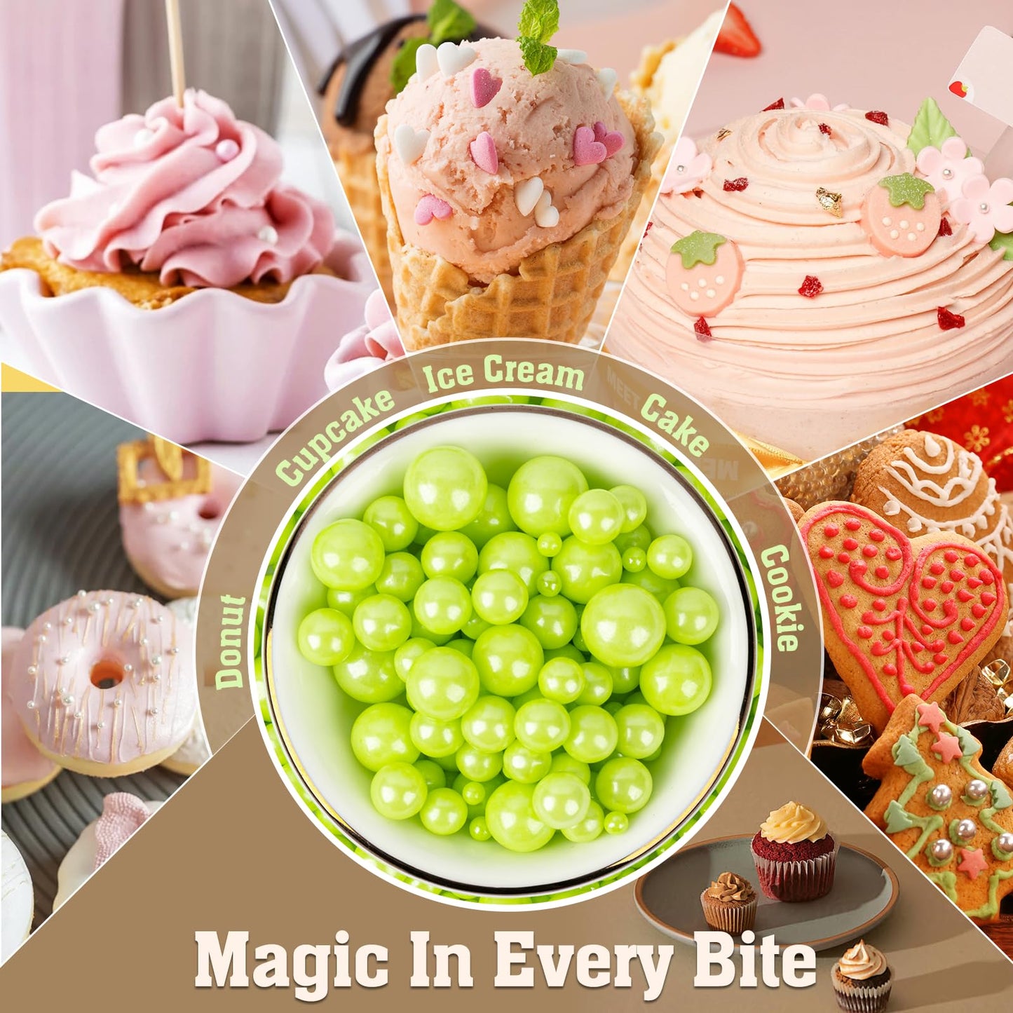 Twisweet Green Pearl Sprinkles for Cake Decorating, Edible Sugar Pearls for Baking, Mix Size, Cake Topper Cupcake Cookie Ice Cre