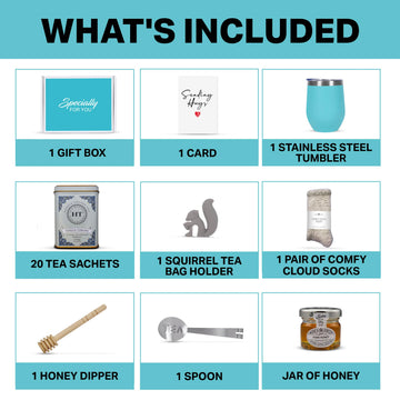 Modern Elegance Tea Gift Set for Women - Includes Cozy Socks, Stainless Tumbler, 20 Tea Sachets, Honey Jar & Sending Hugs Card