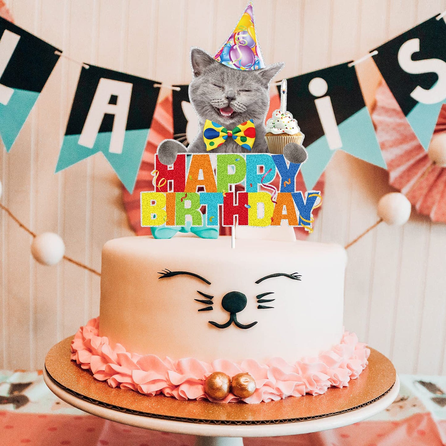 Cat Cartoon Happy Birthday Cake Topper Black Glitter For Pet Themed Bday Party Decoration Supplies