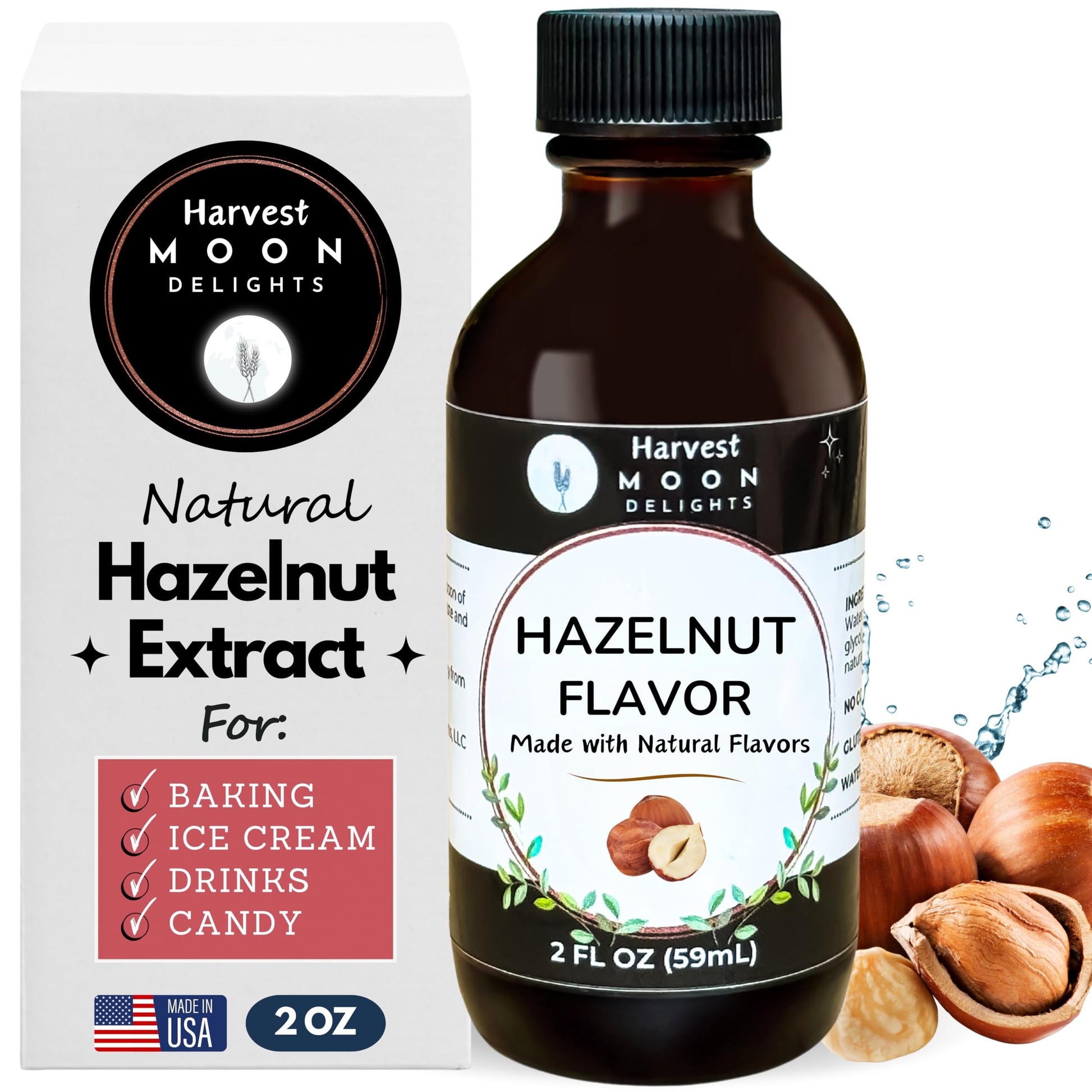 Natural Hazelnut Extract - 2 oz - Water-Soluble - By Harvest Moon Delights - Hazelnut Extract for Baking, Ice Cream, Drinks, and