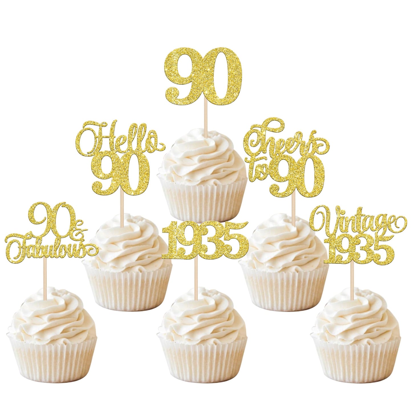 Rsstarxi 24 Pack Gold Glitter 90th Birthday Cupcake Toppers for Party Decorations