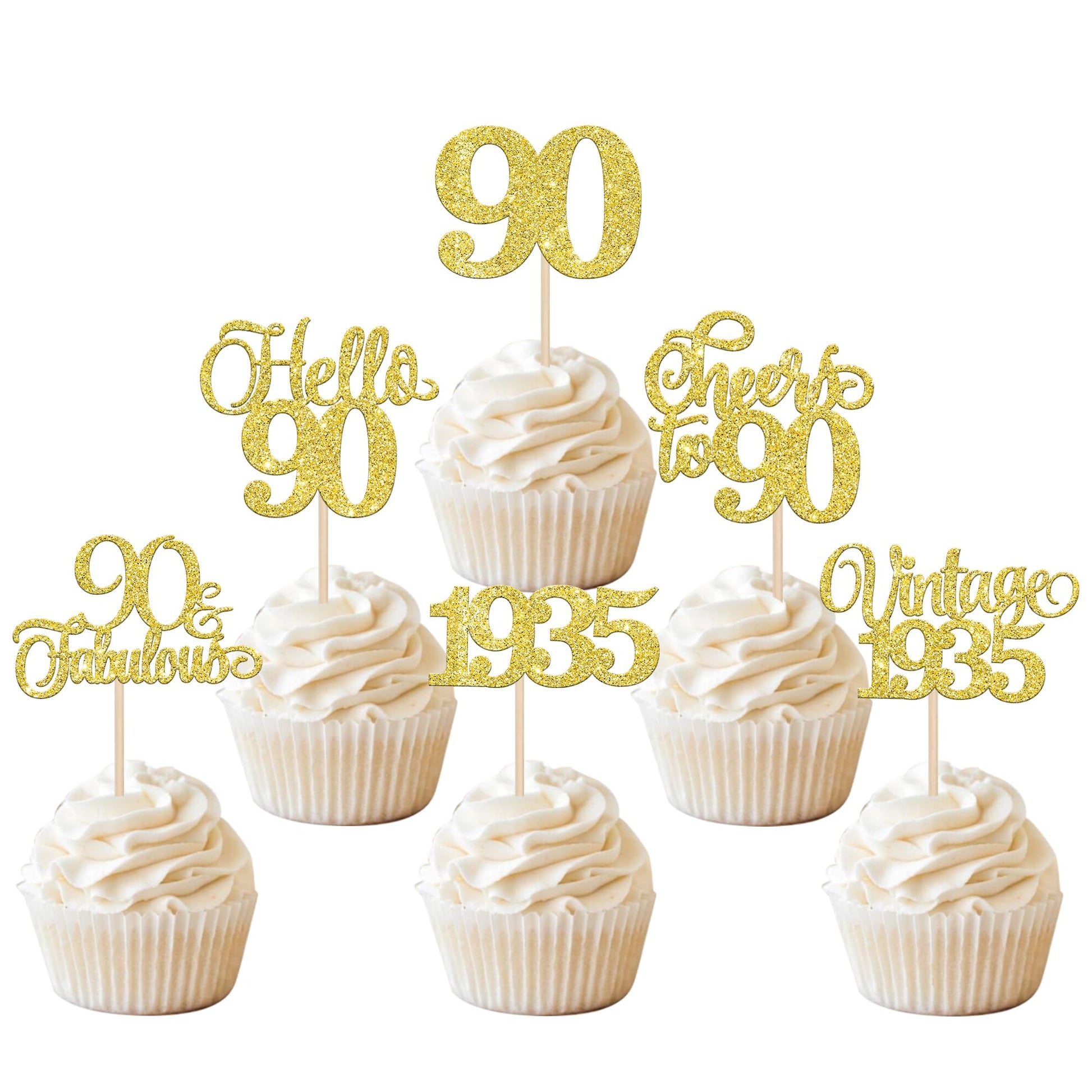 Rsstarxi 24 Pack Gold Glitter 90th Birthday Cupcake Toppers for Party Decorations