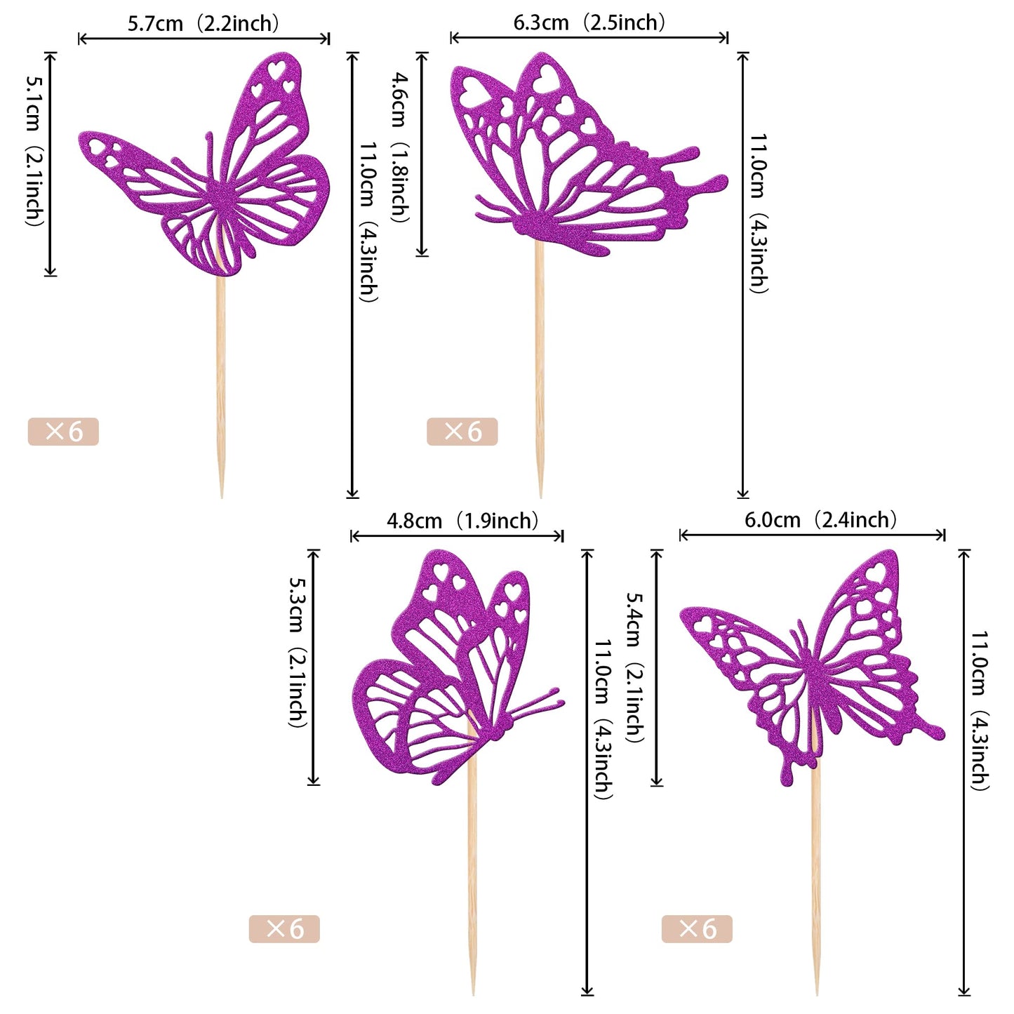 Rssta i Butterfly Cupcake Toppers, 24 Pack, Glitter, Purple, Model XM248-purple, Paper Decorations for Baby Shower, Wedding, Birthday Party