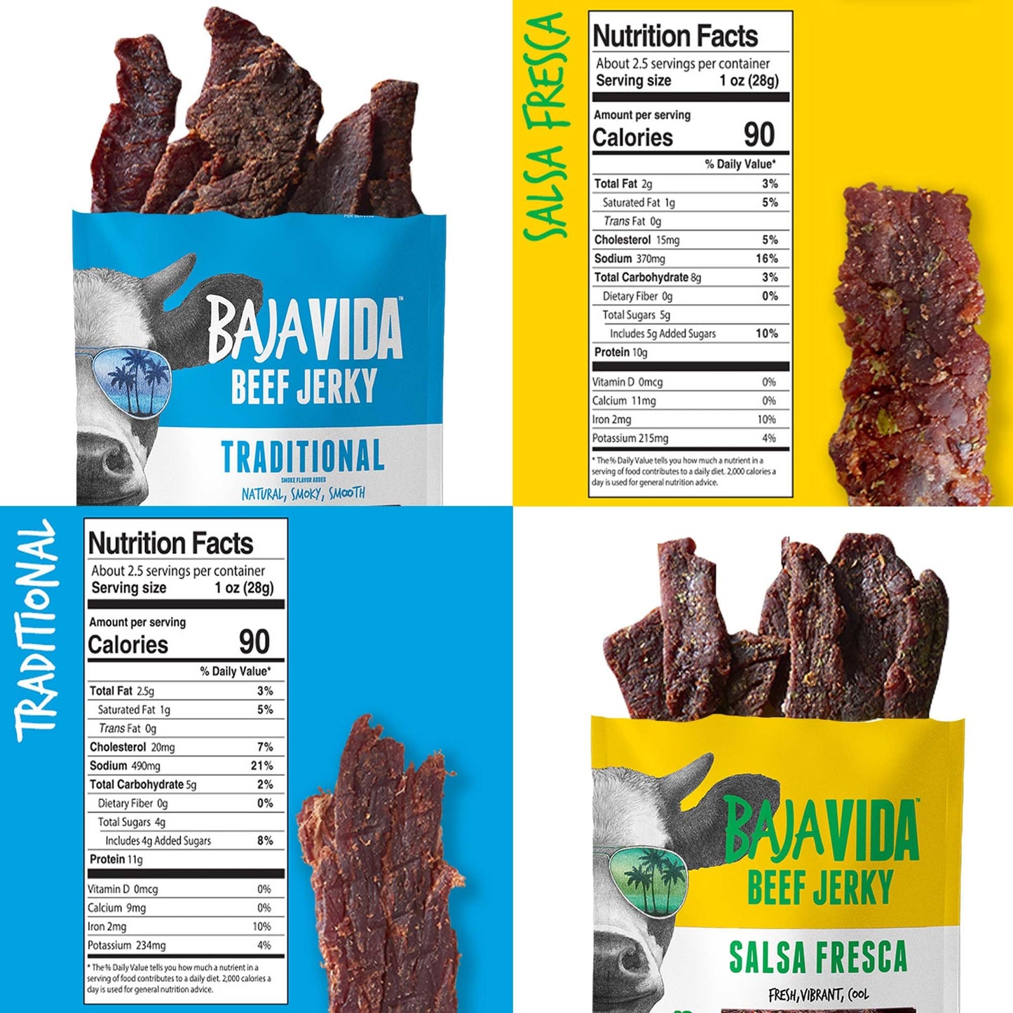BAJA BEEF Jerky Snack Packs - Beef Jerky Variety Pack, Gluten Free, 2.5 Oz Bags, 4 Pack
