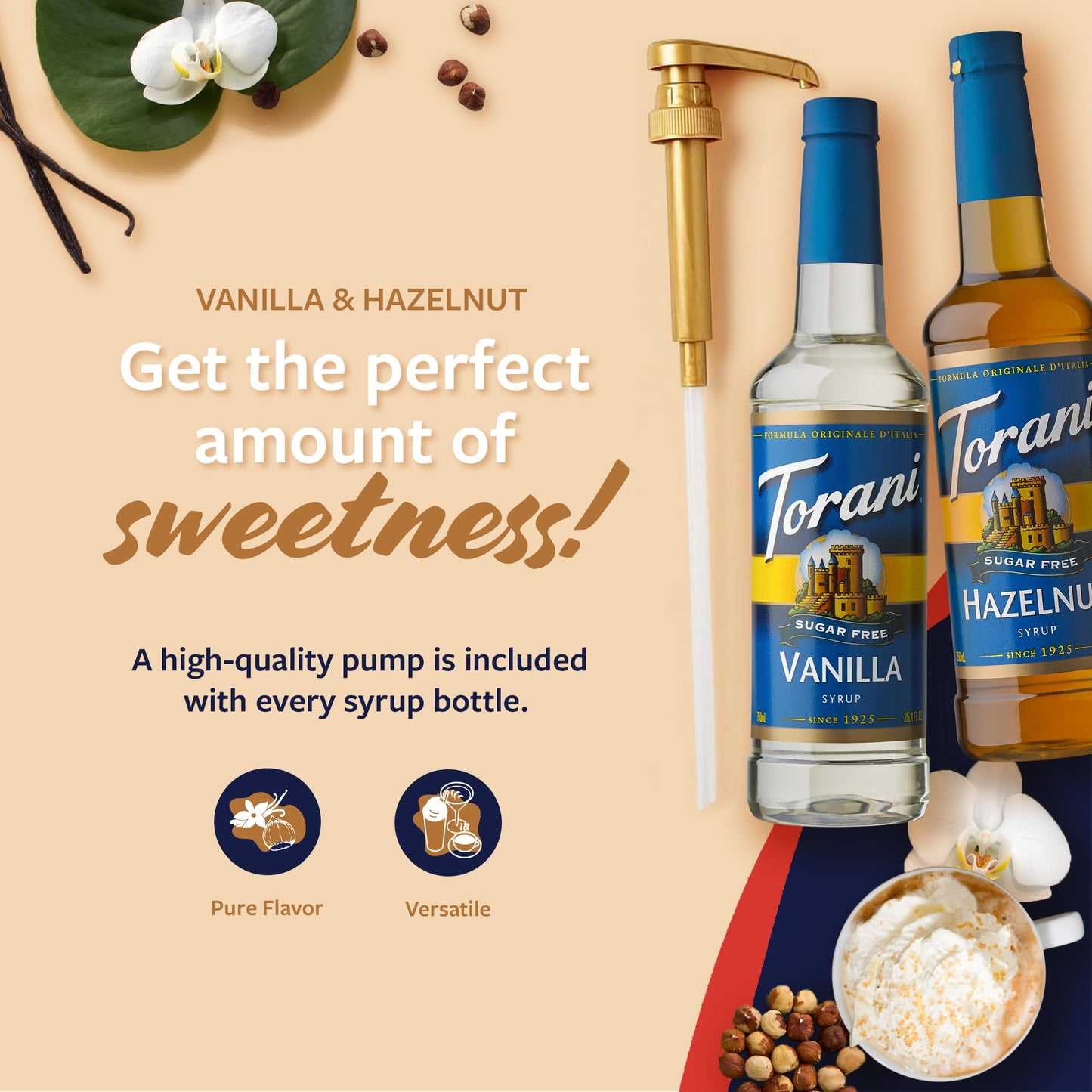 Torani Sugar Free Hazelnut Syrup And Sugar Free Vanilla Syrup Variety 2-Pack, Coffee Syrups For Drinks, Pumps Included, 25.4 Fl