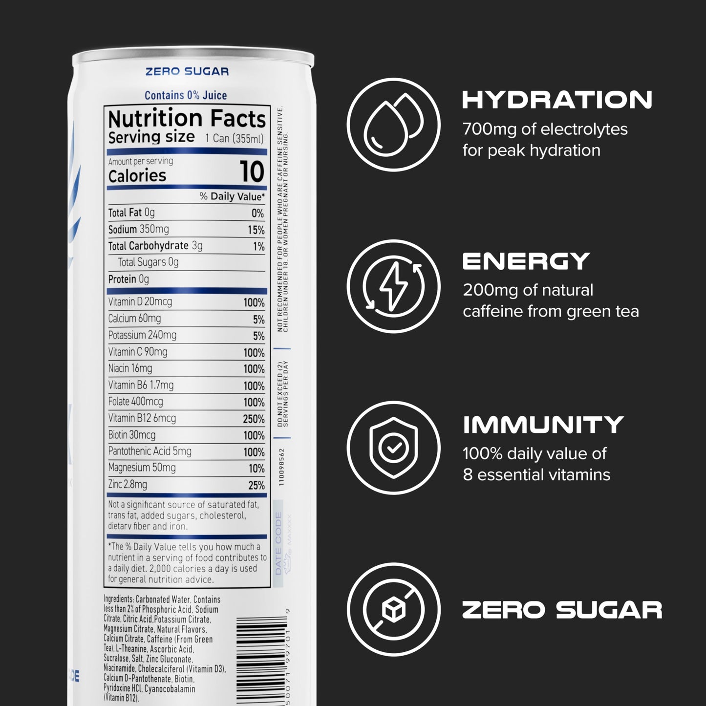 PHX Hydration Energy Drink - 700mg Electrolytes  200mg Natural Green Tea Caffeine  100% Daily Value 8 Essential Vitamins - 12 oz Cans (12 Pack) (12 Pack  Variety Pack)