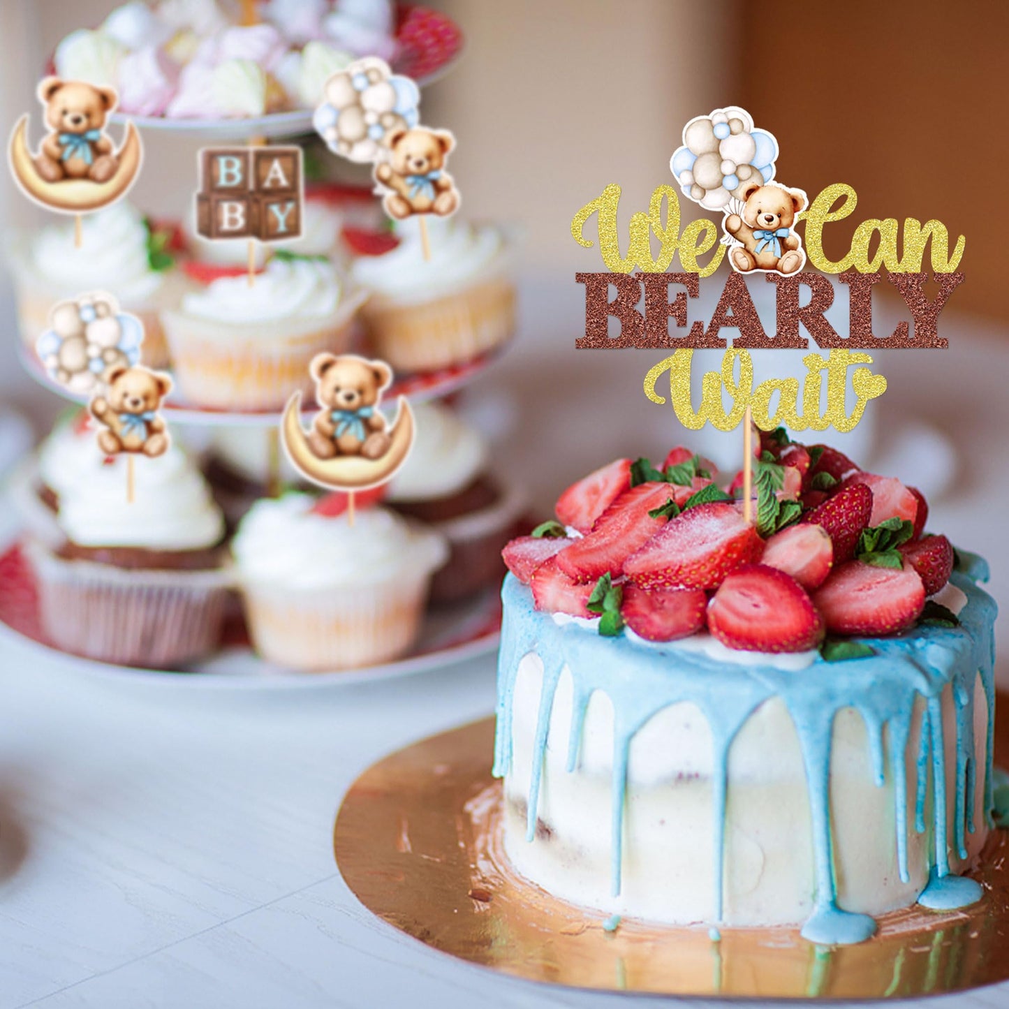Cyodoos 25 Pcs Baby Shower Bear Cupcake Toppers Baby Shower Cake Topper Decorations Supplies Jungle Animal Theme Baby Shower Bir