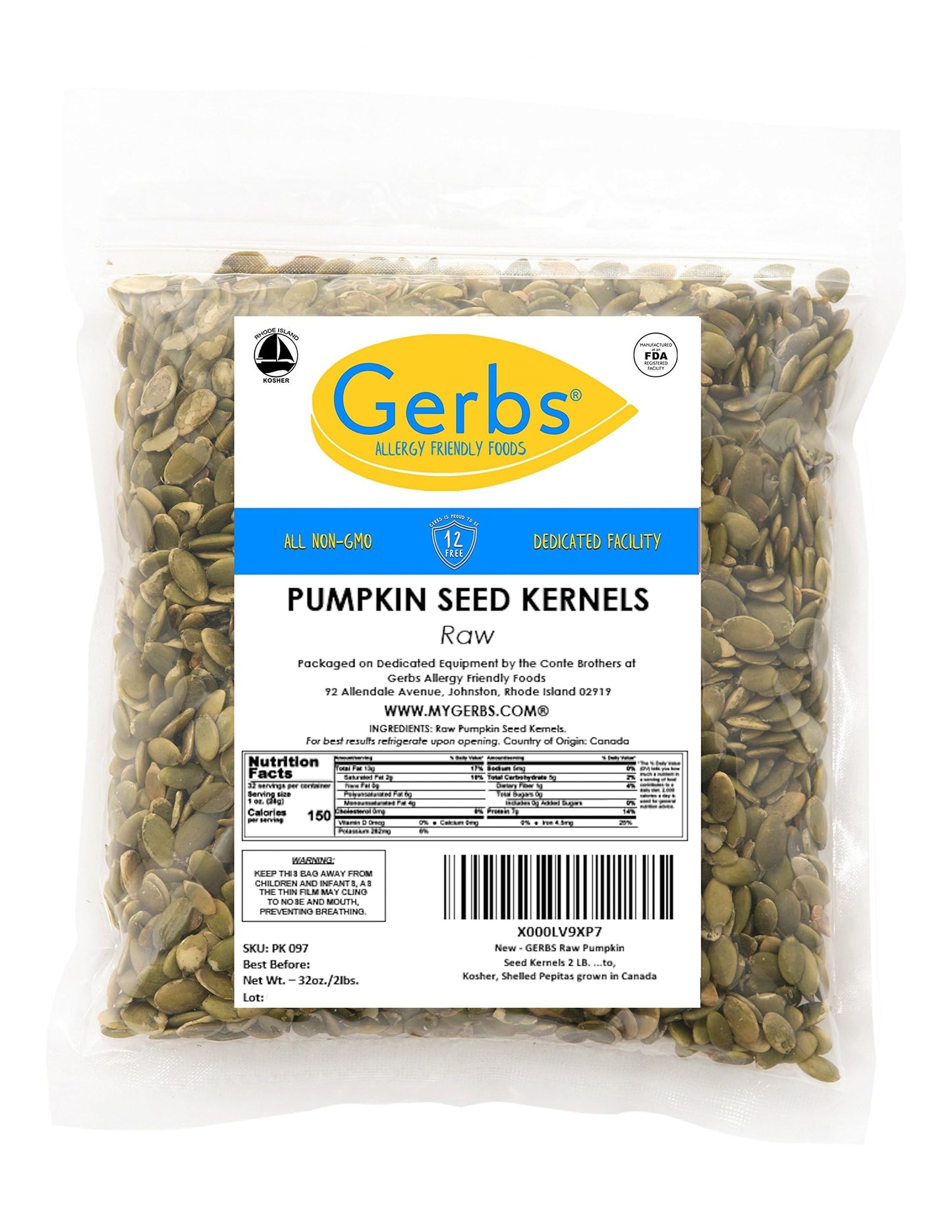 Gerbs Aaa Raw Pumpkin Seed Kernels 2 Lbs.|Top 14 Allergy Free|Super Snack Food|Use In Salads, Yogurt, Baking, Oatmeal, Trail Mix|North American Grown