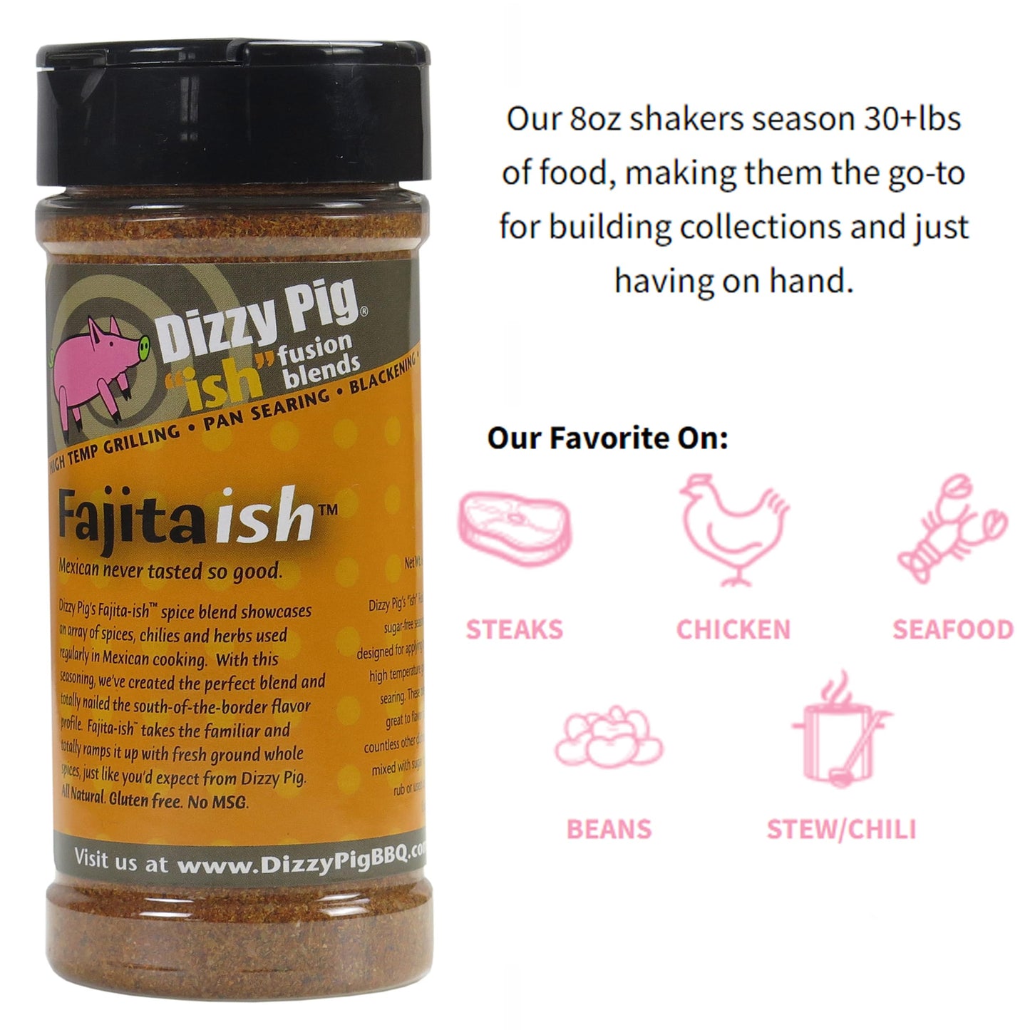 Dizzy Pig Ish Fusion Fajita-Ish Mexican Seasoning (8Oz Shaker) - Seasons 30+Lbs Of Food - Hand Made In The Usa - Msg Free, Glute