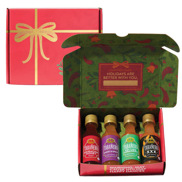 Mini Hot Sauce Gift Set by Tabaero  Holiday Gift Box with Sriracha Honey  Sweet and Spicy  Key Lime and XXX Flavors  4-Pack  1.7oz Hot Sauce Bottles  All Natural  Gluten Free  Low Sodium  Kosher  Made in the USA