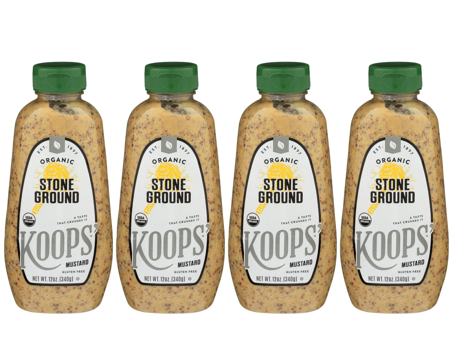 KOOPS Organic Stone Ground Mustard, Gluten-Free, Kosher, Non-GMO, 12 Oz, Pack of 4, Brown