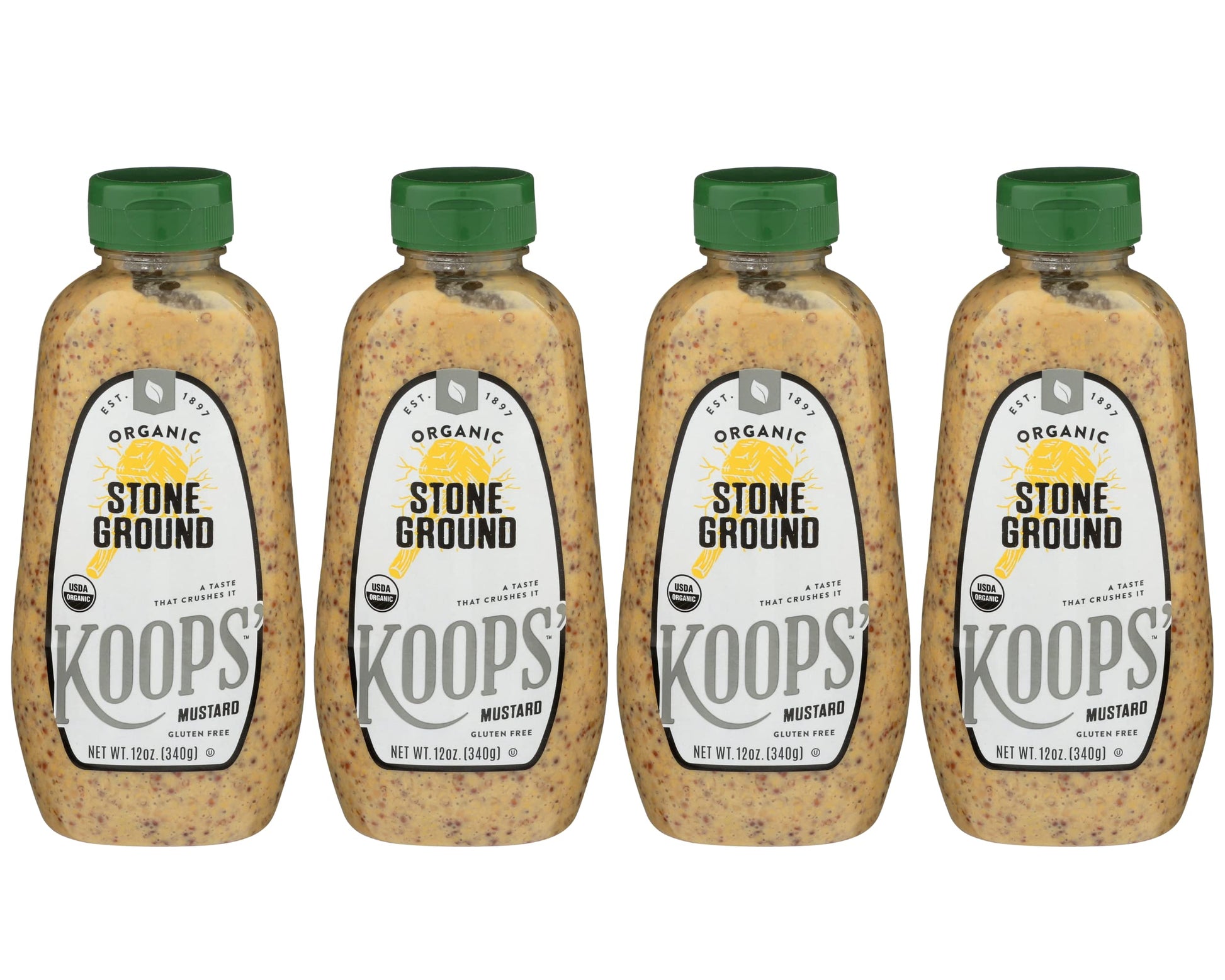 KOOPS Organic Stone Ground Mustard, Gluten-Free, Kosher, Non-GMO, 12 Oz, Pack of 4, Brown