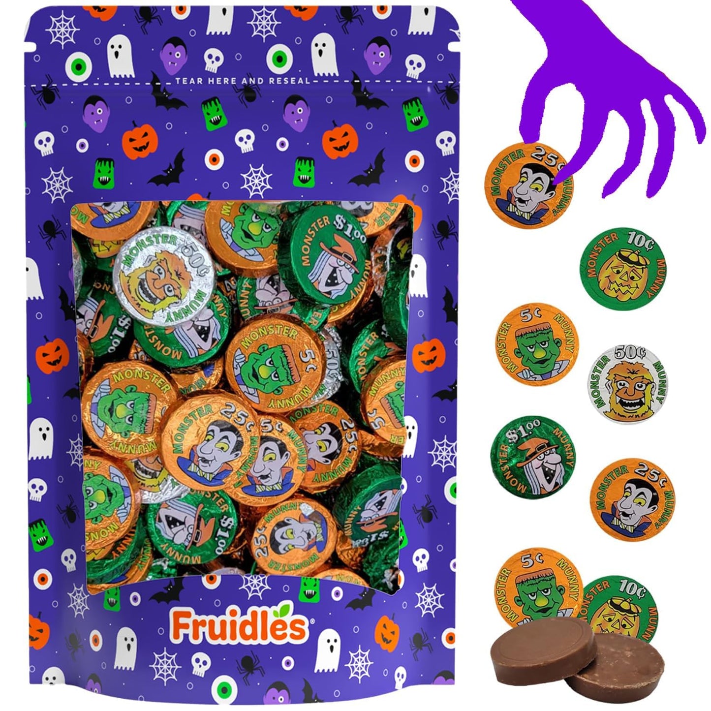 Fruidles Halloween Monster Money Coins, Trick-or-Treat Fillers, 1 Pound, Individually Wrapped, Orange/Green/Silver Foil