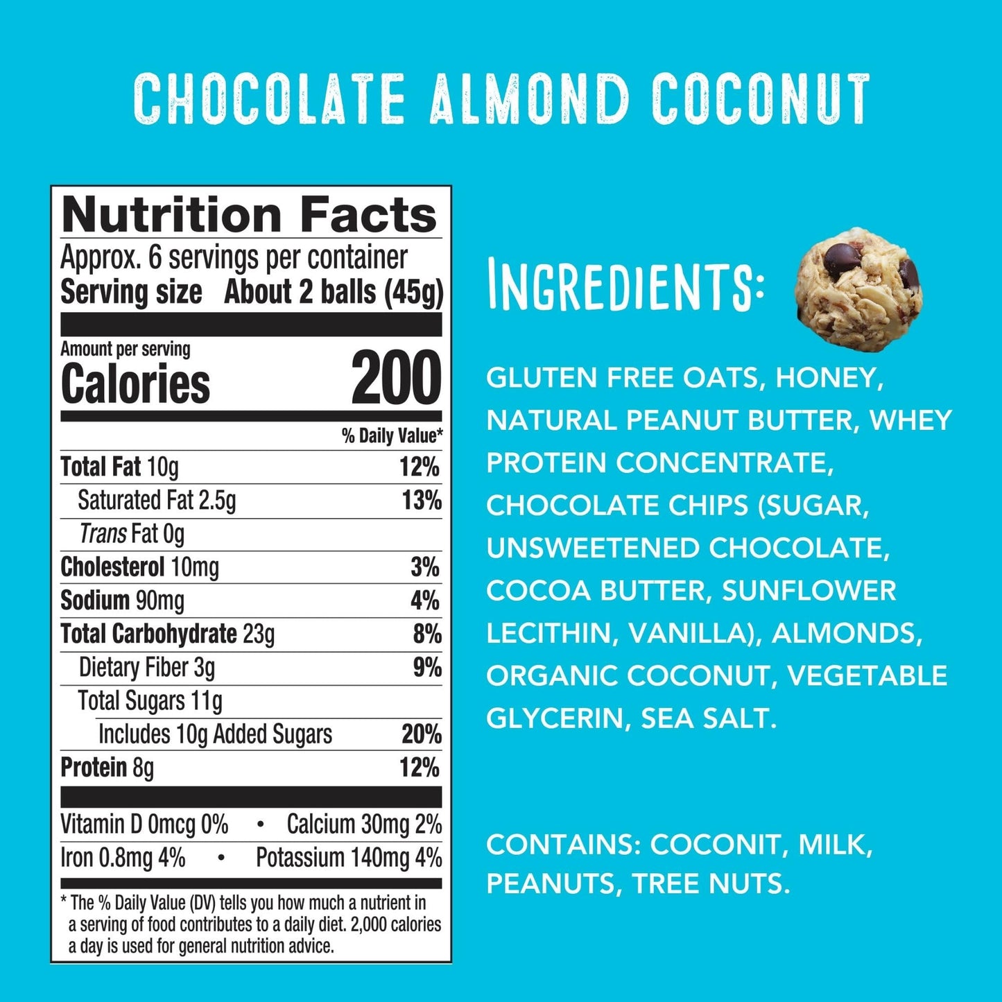 simplyFUEL Whole Food Protein Balls - Chocolate Almond Coconut Snacks, 8g Protein, Gluten Free, 12 Count Pack