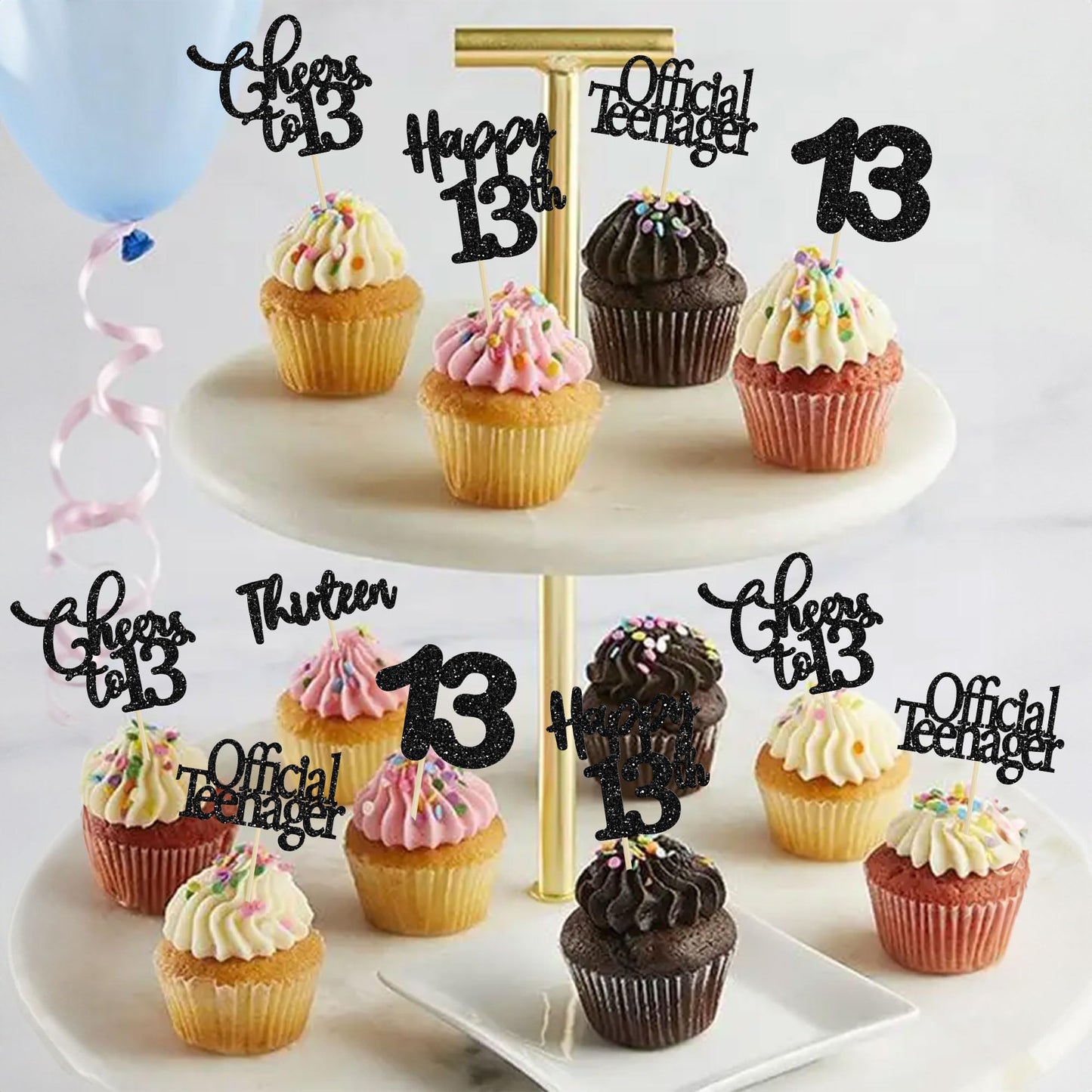 30 Pack Happy 13Th Birthday Cupcake Toppers Black Glitter 13 Official Teenager Cheers To 13 Years Old Birthday Cupcake Picks For