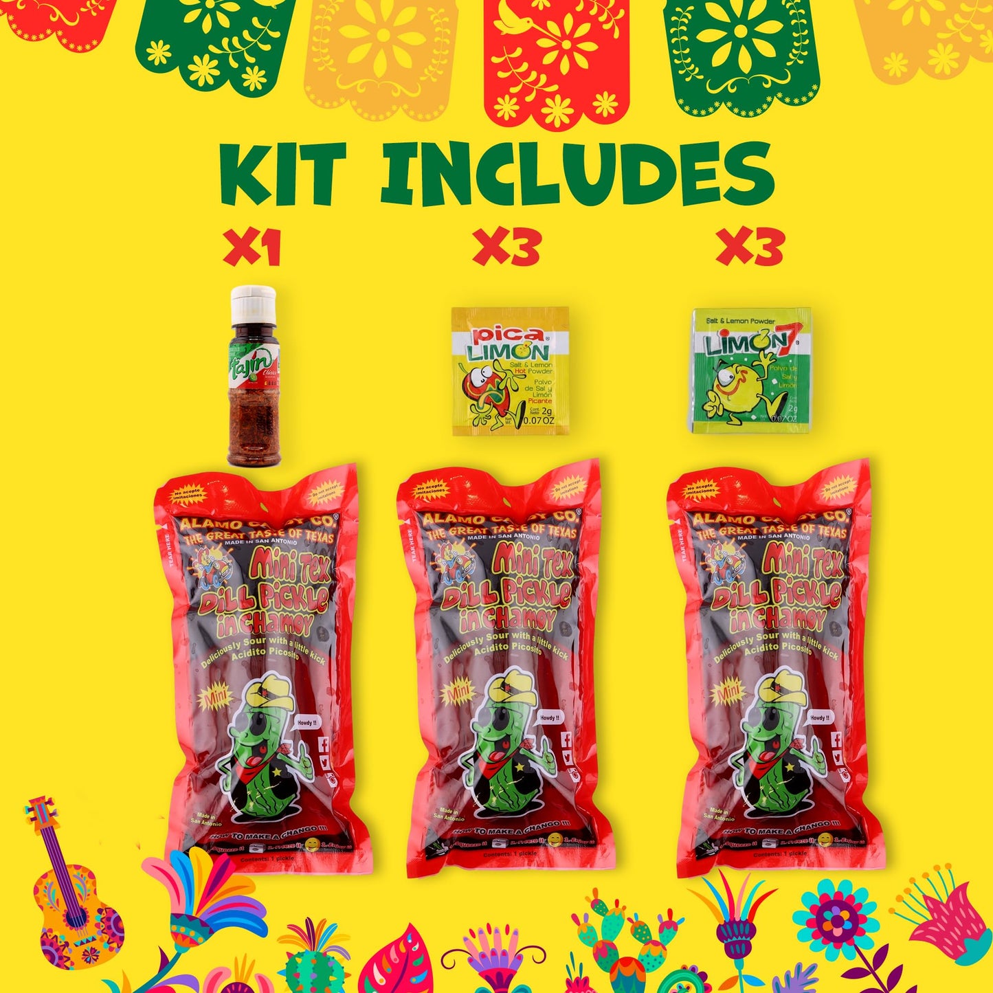 Chamoy Pickle Kit With Tajin, Lemon & Lime By Happy Packs | Pepinillos Con Chamoy | Includes 3 Chamoy Pickles | Mexican Candy Va
