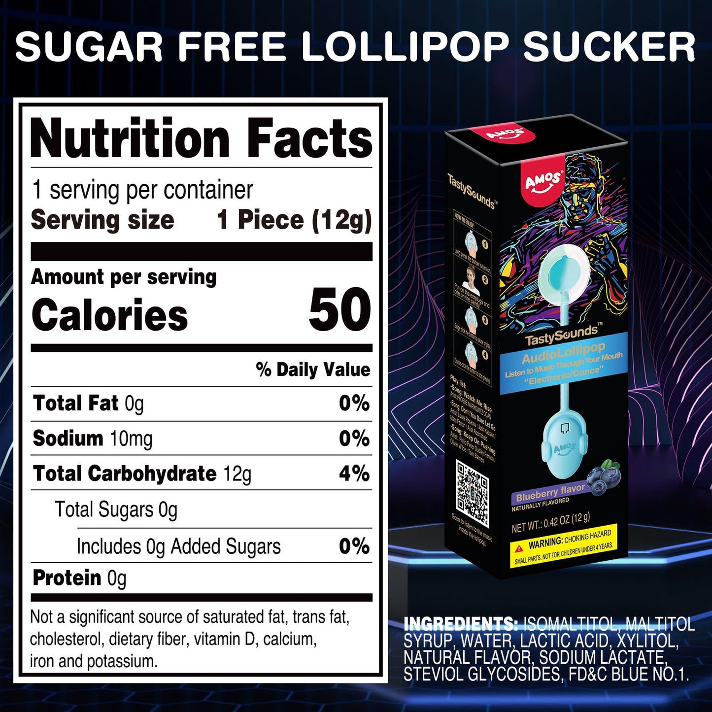 Amos Lollipop Candy, Audio Singing, Natural Blueberry Flavor, Small, Individually Wrapped