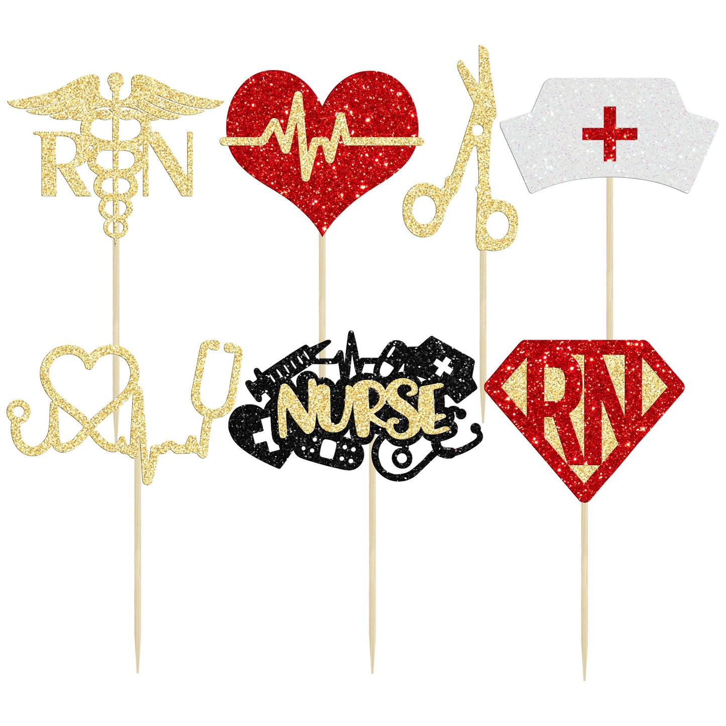 Gyufise 28Pcs Glitter Nursing Cupcake Toppers Nurse Graduation Cupcake Picks Rn Themed Cake Picks With Nurse Cap Heart For Medic
