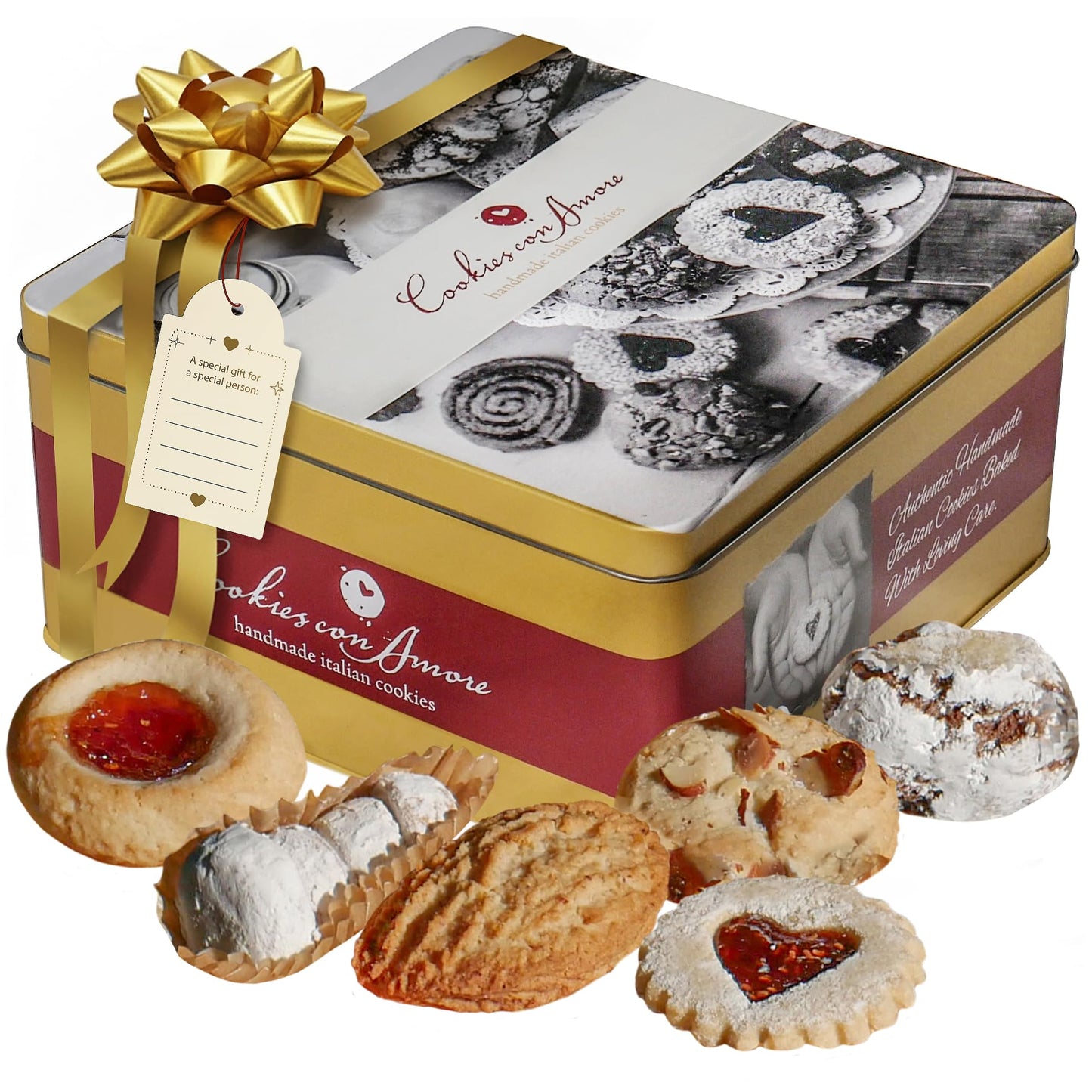 Assorted Italian Cookies Gift Box, 30+ Pieces Individually Wrapped Traditional Gourmet Cookies - 2Lb Square Tin With Authentic Enhanced Pastries For Holiday Gifting, Coffee Pairing, And Christmas Celebrations