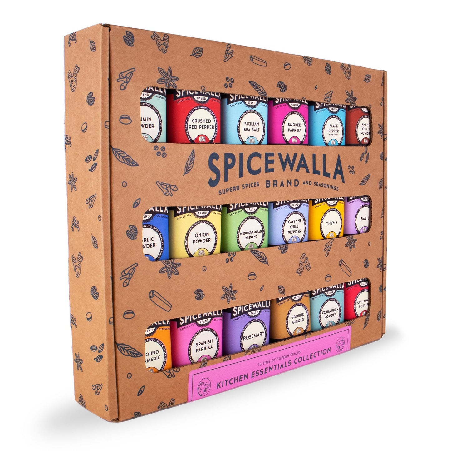 SPICEWALLA Essential Spices and Seasonings Set, 18 Piece Variety, Includes Garlic, Onion, Paprika, Oregano, Model S-PL-2841