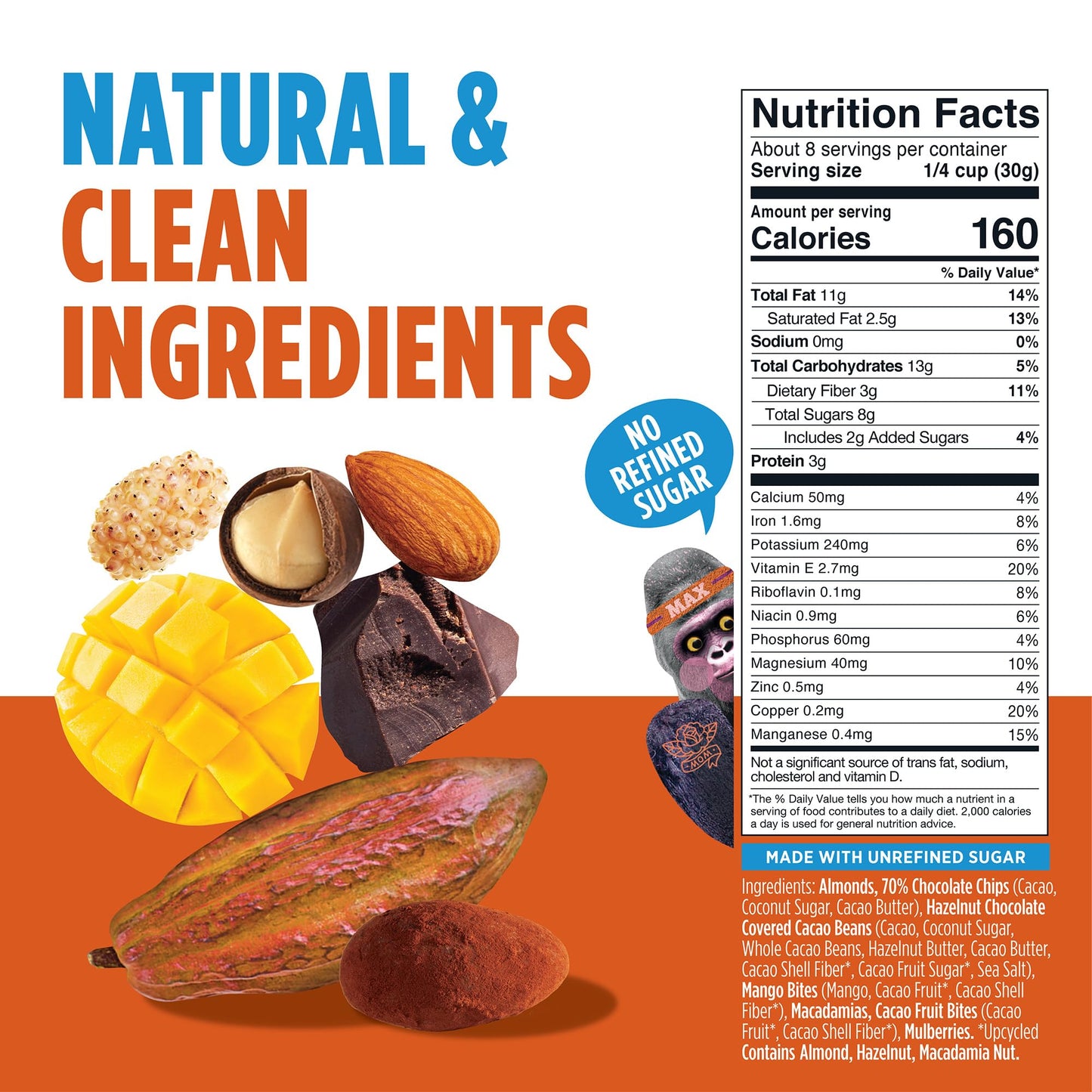 Blue Stripes - Trail Mix, 70% Chocolate Chips, Almonds, Macadamia Nuts, Mango, Healthy Snacks for Adults, Whole 70% Cacao, With