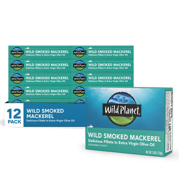 Wild Planet Smoked Mackerel Fillets in Extra Virgin Olive Oil, 3.9 oz, Pack of 12, Non-GMO, Sustainably Wild-Caught, Keto and Paleo