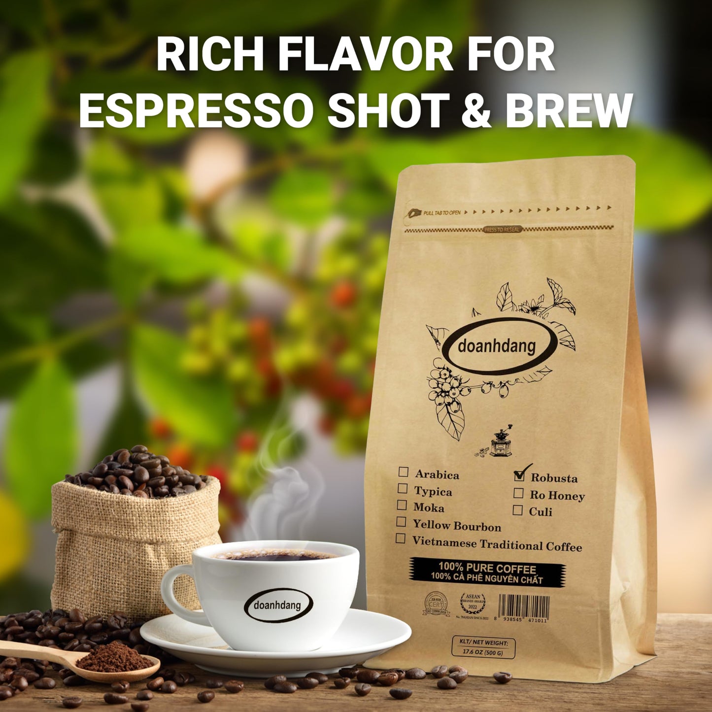 Doanhdang - 35 Oz Enhanced Robusta Whole Bean Coffee, 100% Robusta Medium Roast, Rich Flavor For Espresso Shot And Brew, Origin From Vietnam, Whole Med Roast Beans
