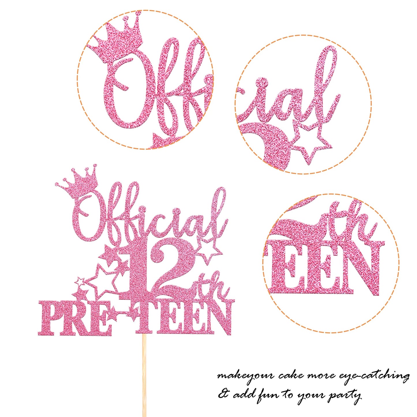YCTHUNFISH 12th Birthday Cake Topper - Glitter Bamboo Decoration - Pink