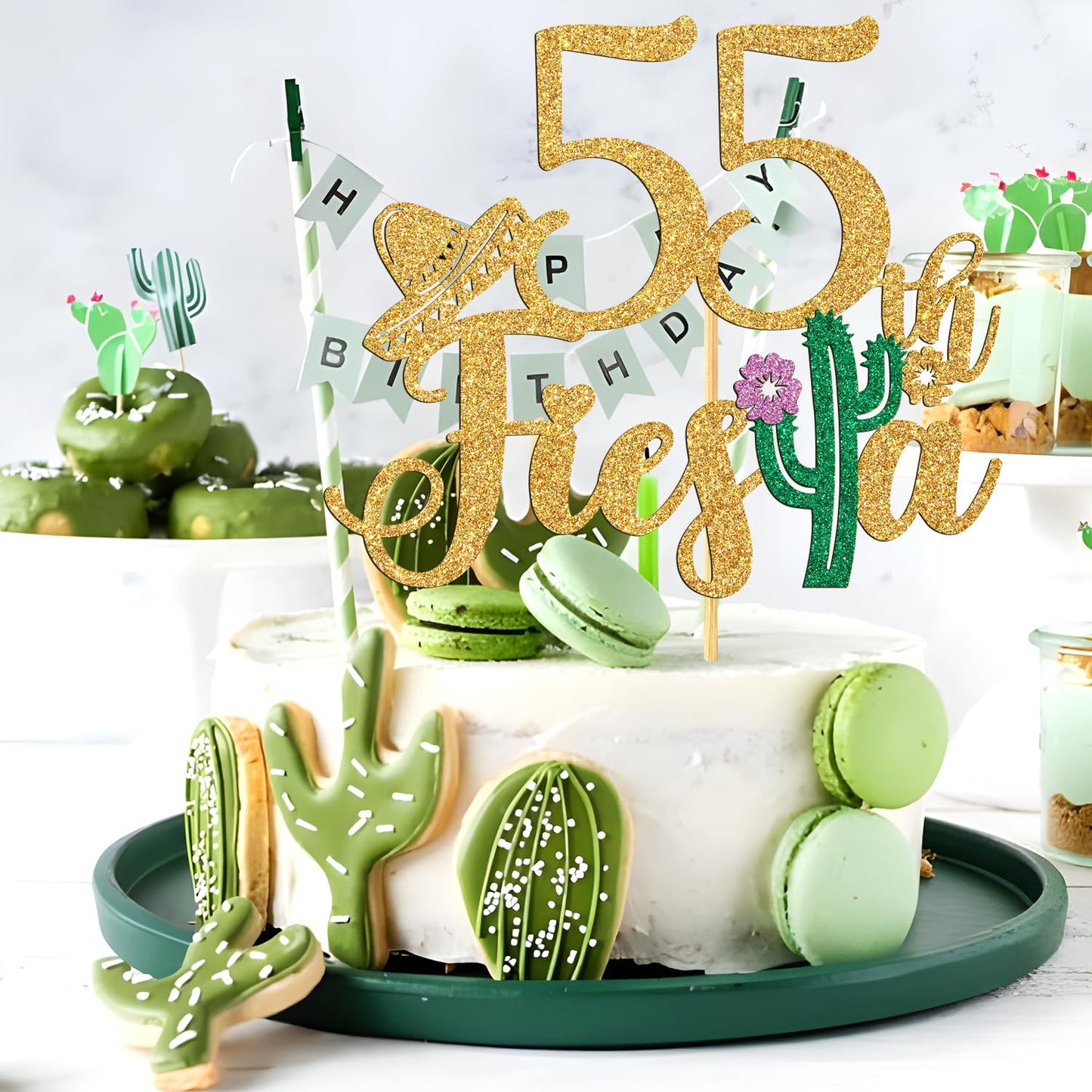 Tivurcia 55Th Fiesta Cake Topper, Cheers To 55 Years/Taco Bout 55 Cake Decor,Tropical Hawaiian Mexican Summer Themed Happy 55Th