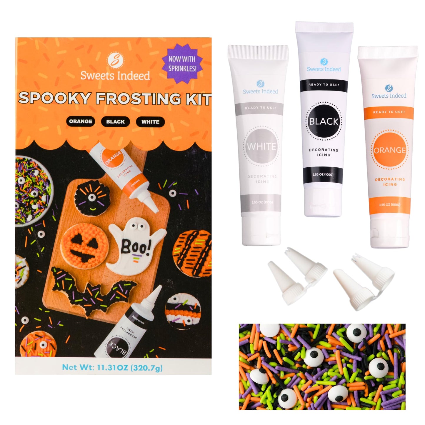 Halloween Frosting Kit with Sprinkles & Eyeballs - 11.31 oz Decorating Set with 3 Frosting Tubes (Orange, Black, White), 4 Nozzl
