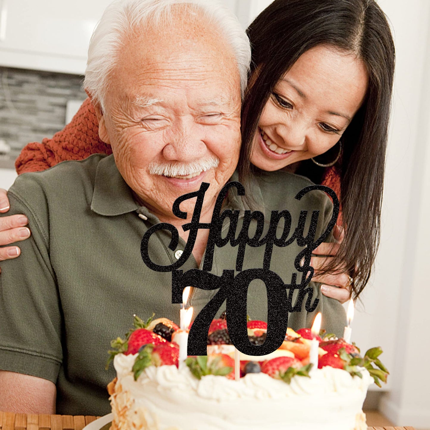 YCTHUNFISH 70th Birthday Cake Topper Black Glitter Bamboo Decorations for 70 Years Old Party Supplies