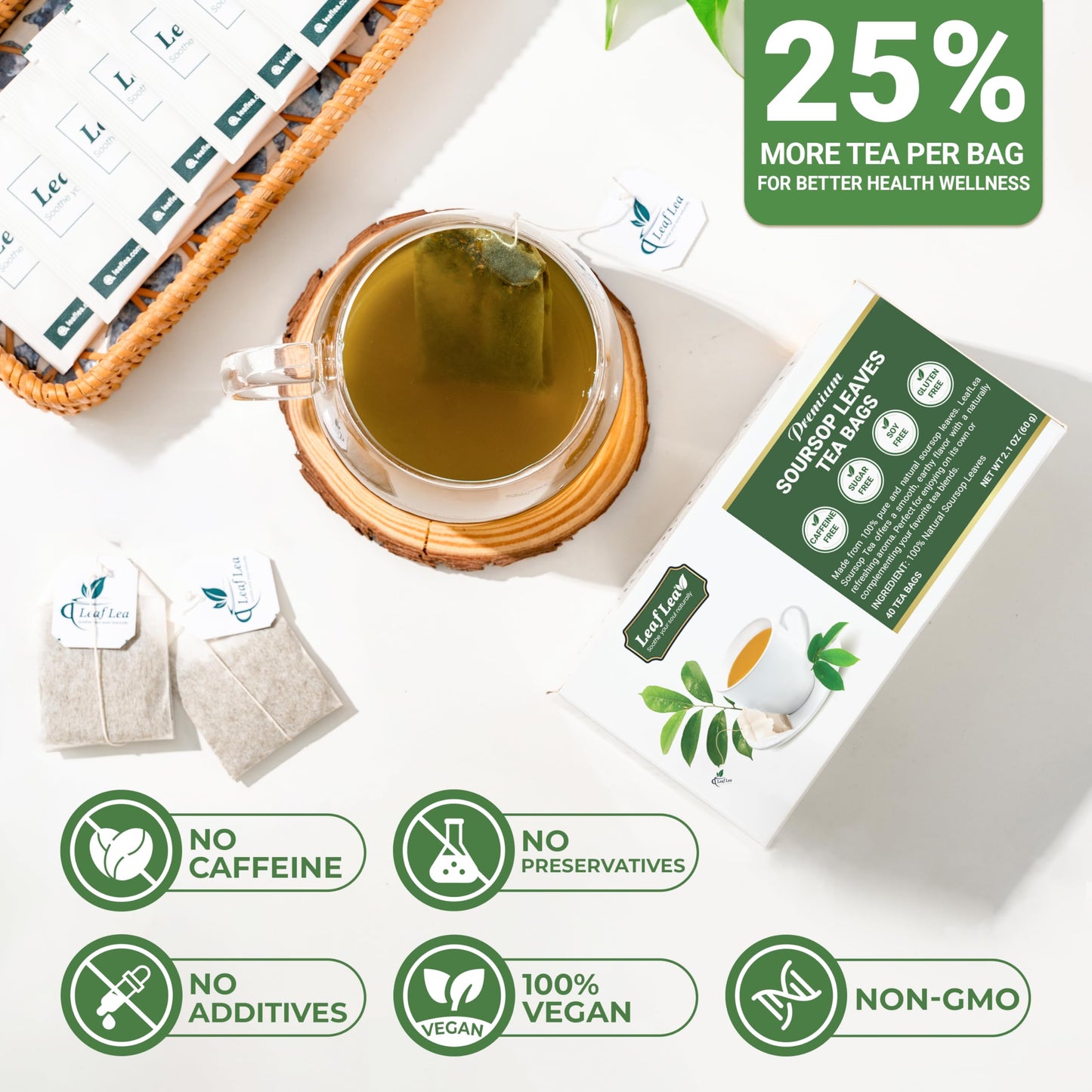 LeafLea Soursop Leaf Tea Bags, Herbal Blend, Caffeine-Free, Vegan, 80 Bags, Pack of 2