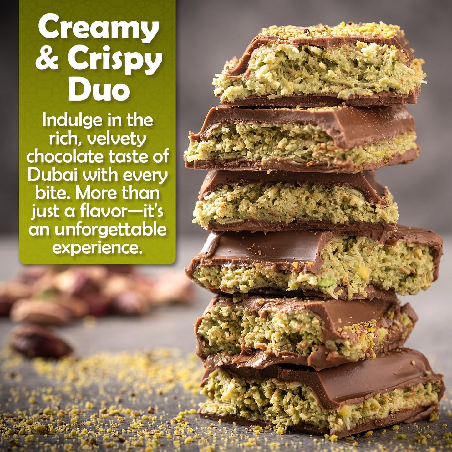 Dubai Chocolate Kunafa Pistachio Bar - 7oz | Handmade Luxury Dessert with Crunchy Kataifi & Creamy Pistachio Filling  Gift for Any Special Occasion