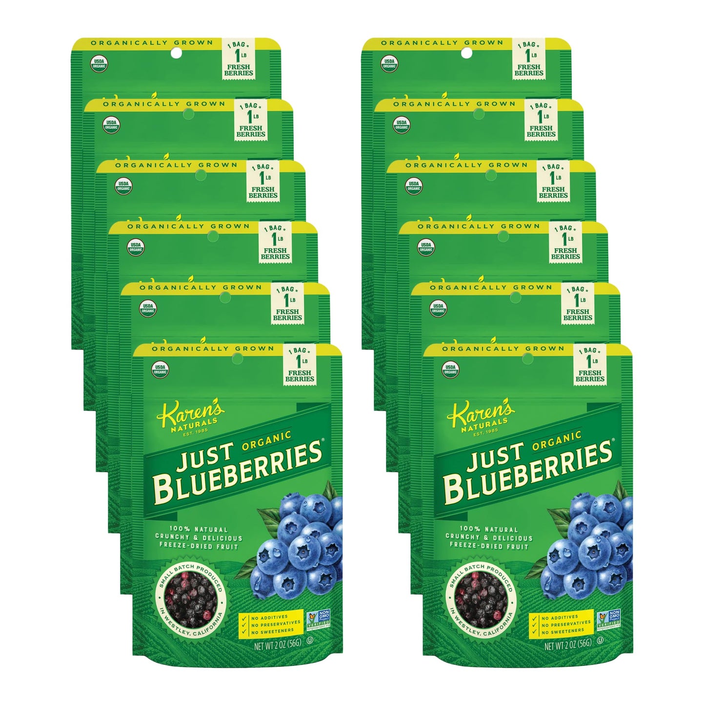 Karens Naturals Organic Freeze-Dried Blueberries, 1.8oz, Pack of 12 - Crunchy Fruit Snack, No Added Sweeteners