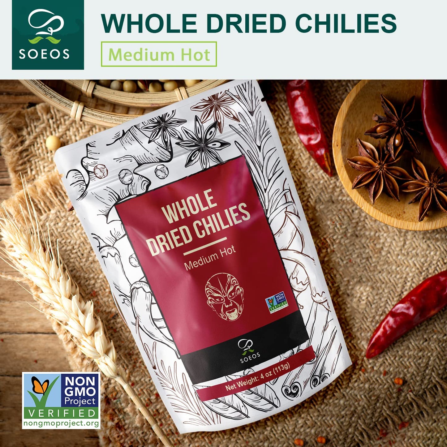 Soeos Whole Dried Chili 4Oz, Medium Spicy, Natural And Premium, Great For Mexican Recipes, Dry Szechuan Pepper, Dry Chile Peppers, Sichuan Pepper, Dried Red Chilie, Whole Dried Chili Peppers.