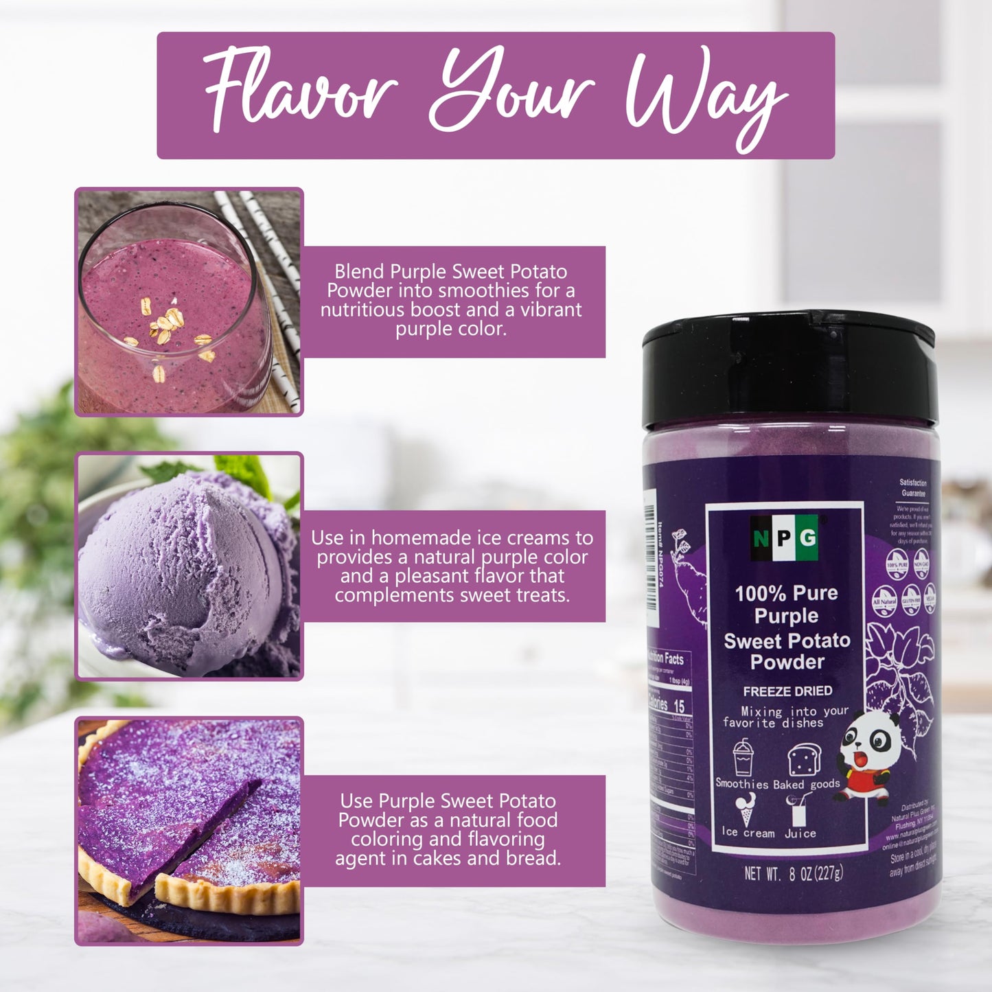 Npg 100% Pure Purple Sweet Potato Powder(Purple Yam Ube) 8 Ounces, All Natural Purple Dry Food Coloring Powder For Baking, Smoothies, Pasta, Tortillas, Vegan Gluten Free Non-Gmo
