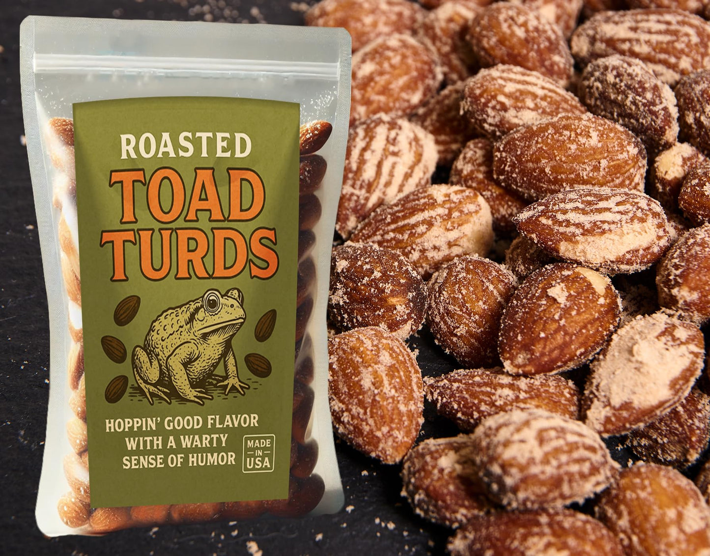 Gears Out Toad Turds Roasted Almonds - Gourmet Snack, 8 oz, Funny Gag Gift for Frog Lovers and White Elephant Parties