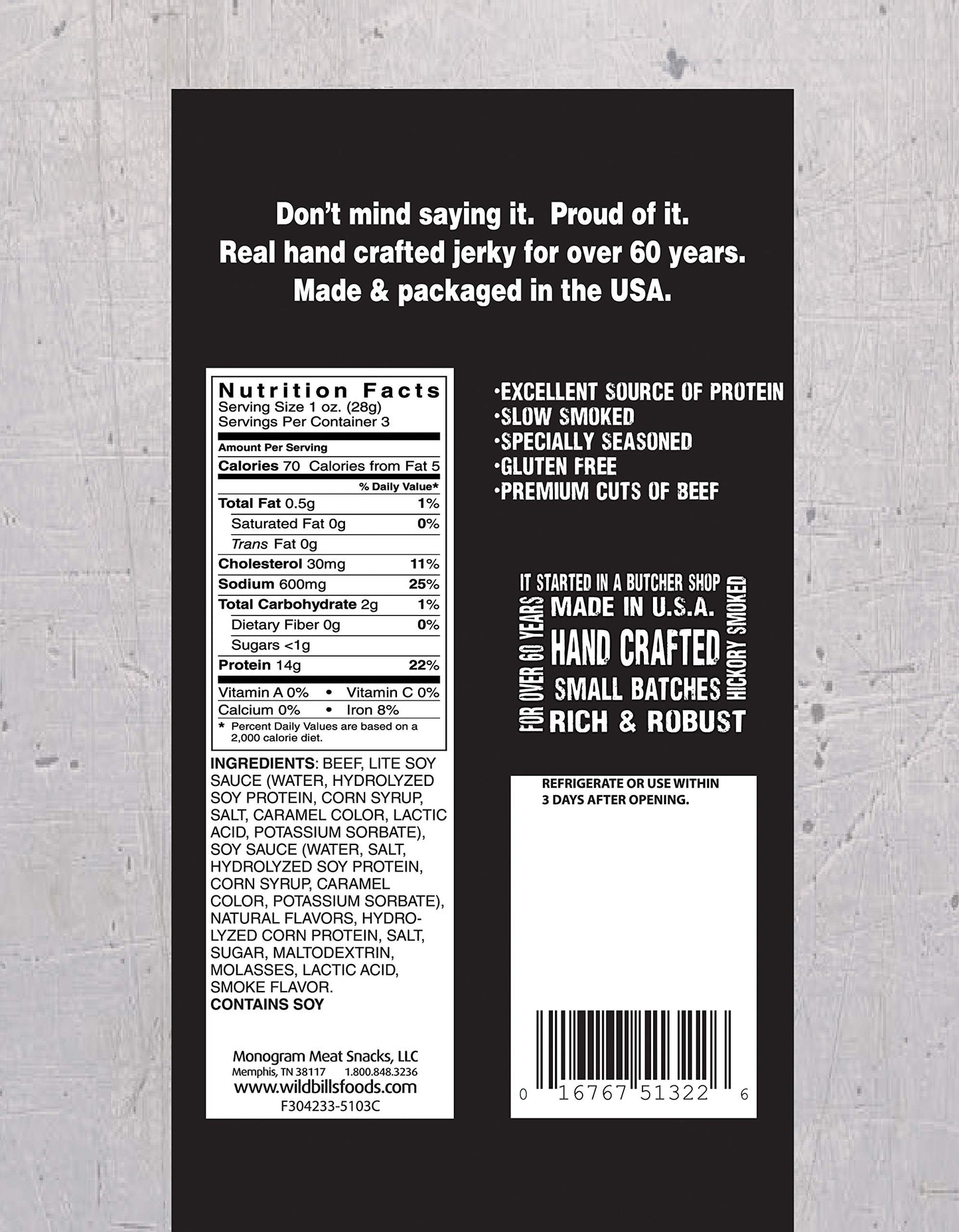 Wild Bills Hickory Smoked Beef Jerky - 3 Ounce Pack (3 Count) - High Protein Snack