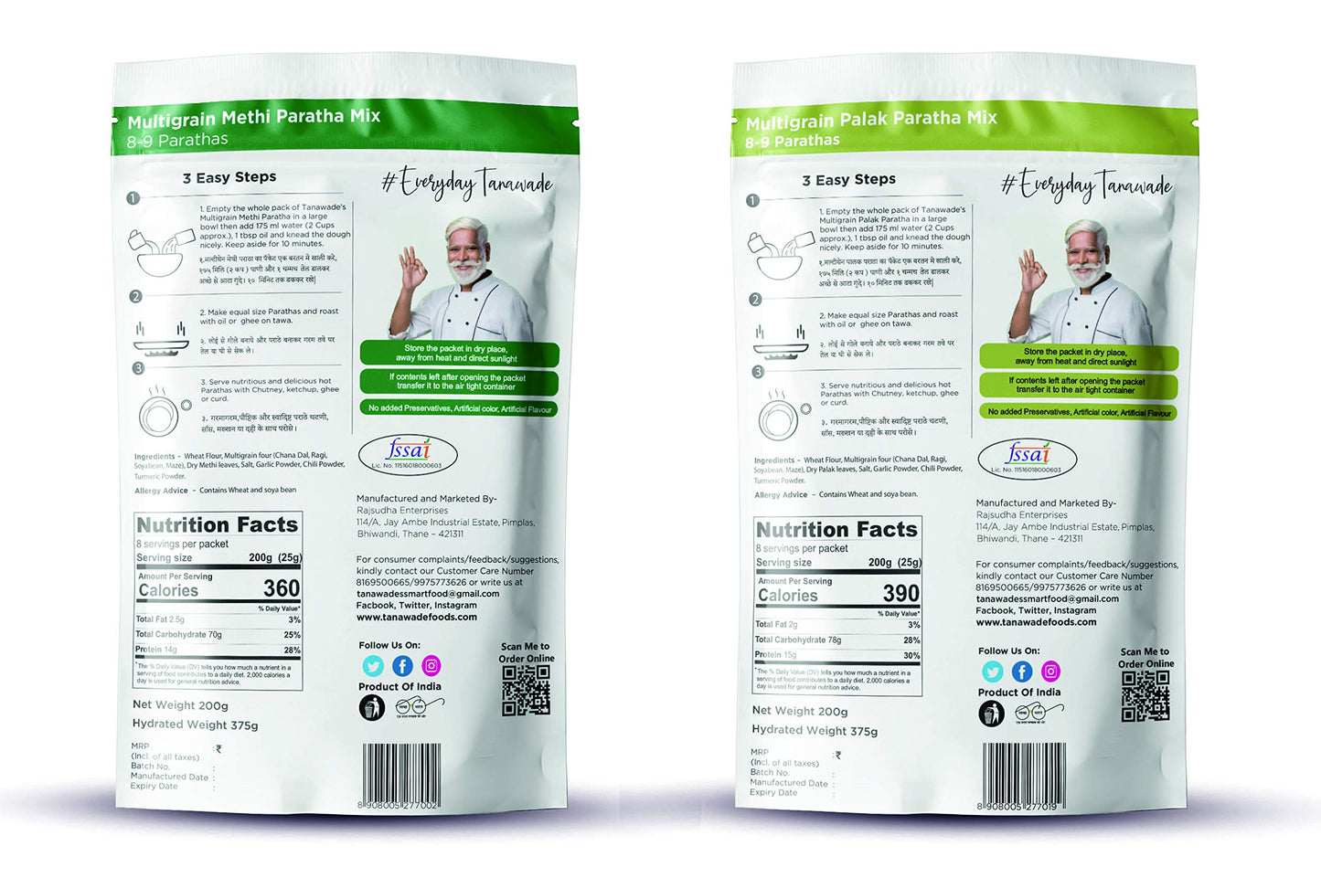 Tanawades Smart Food Paratha Combo, Instant Methi Paratha, Palak Paratha Mix, Ready To Cook, Home Food With Hand Picked Flavours