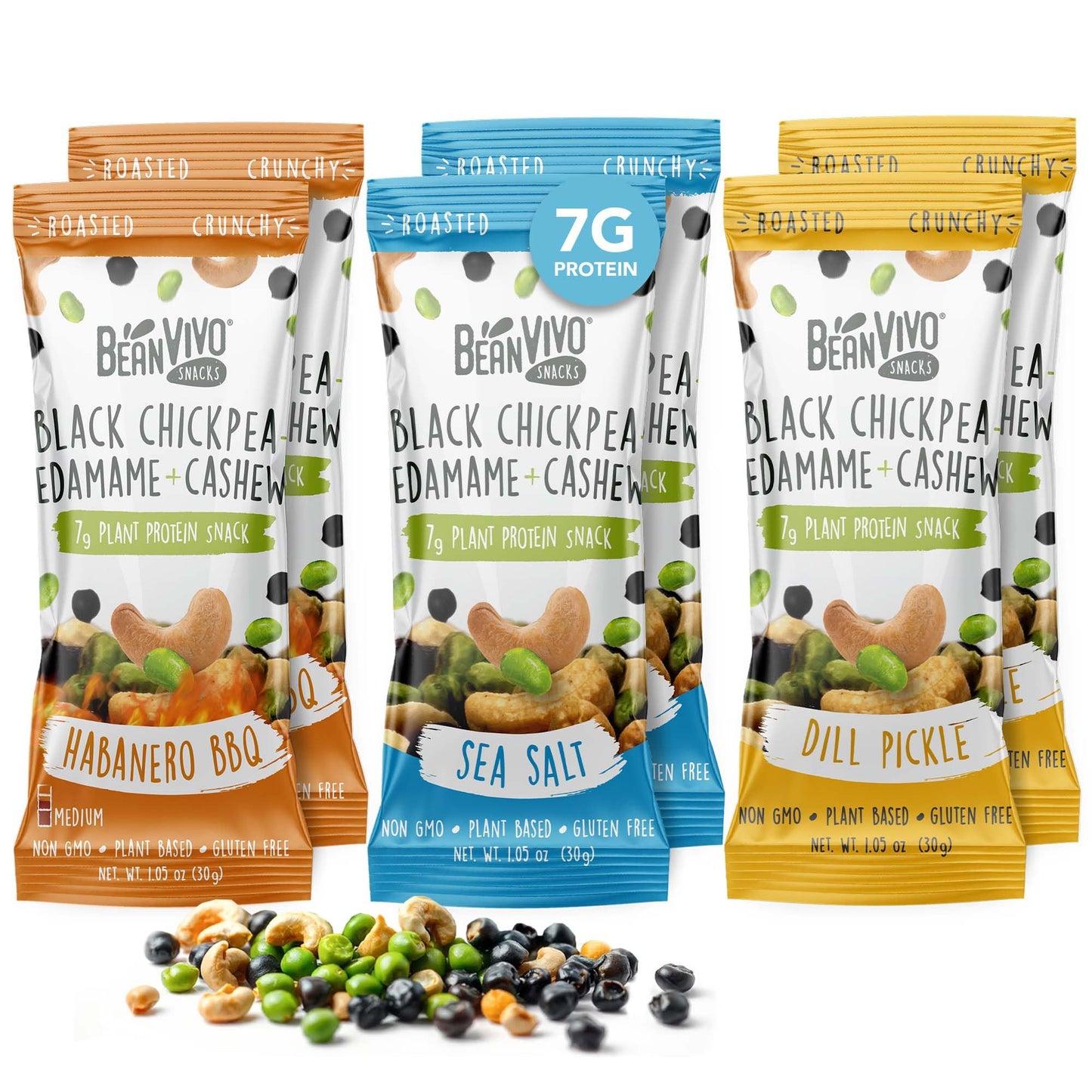 BeanVIVO Plant Based Protein Snacks - Flavors Sea Salt, Habanero BBQ & Dill Pickle with Dried Edamame, Roasted Cashew and Chickp
