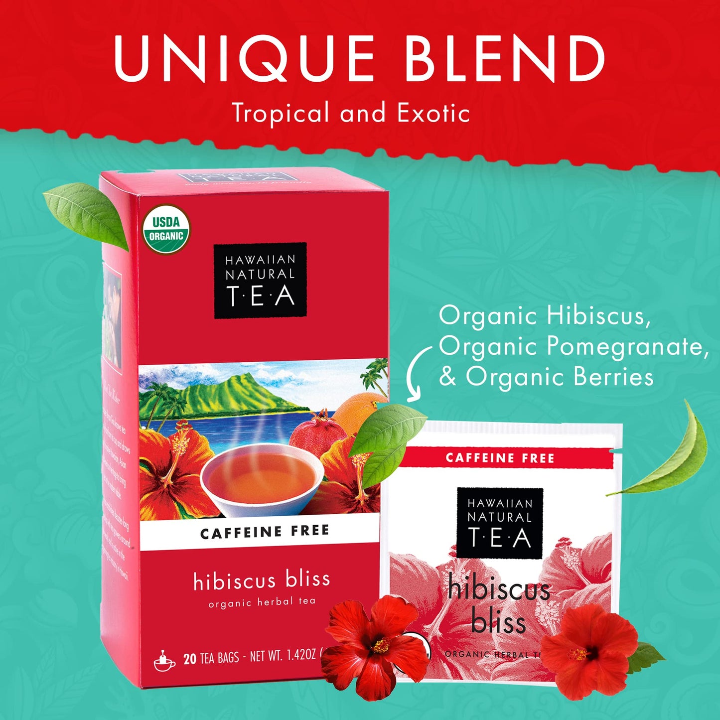 HAWAIIAN NATURAL T·E·A Organic Hibiscus Bliss Herbal Tea, Caffeine-Free, 60 Tea Bags, Vegan, Keto-Friendly, 20 Count (Pack of 3)