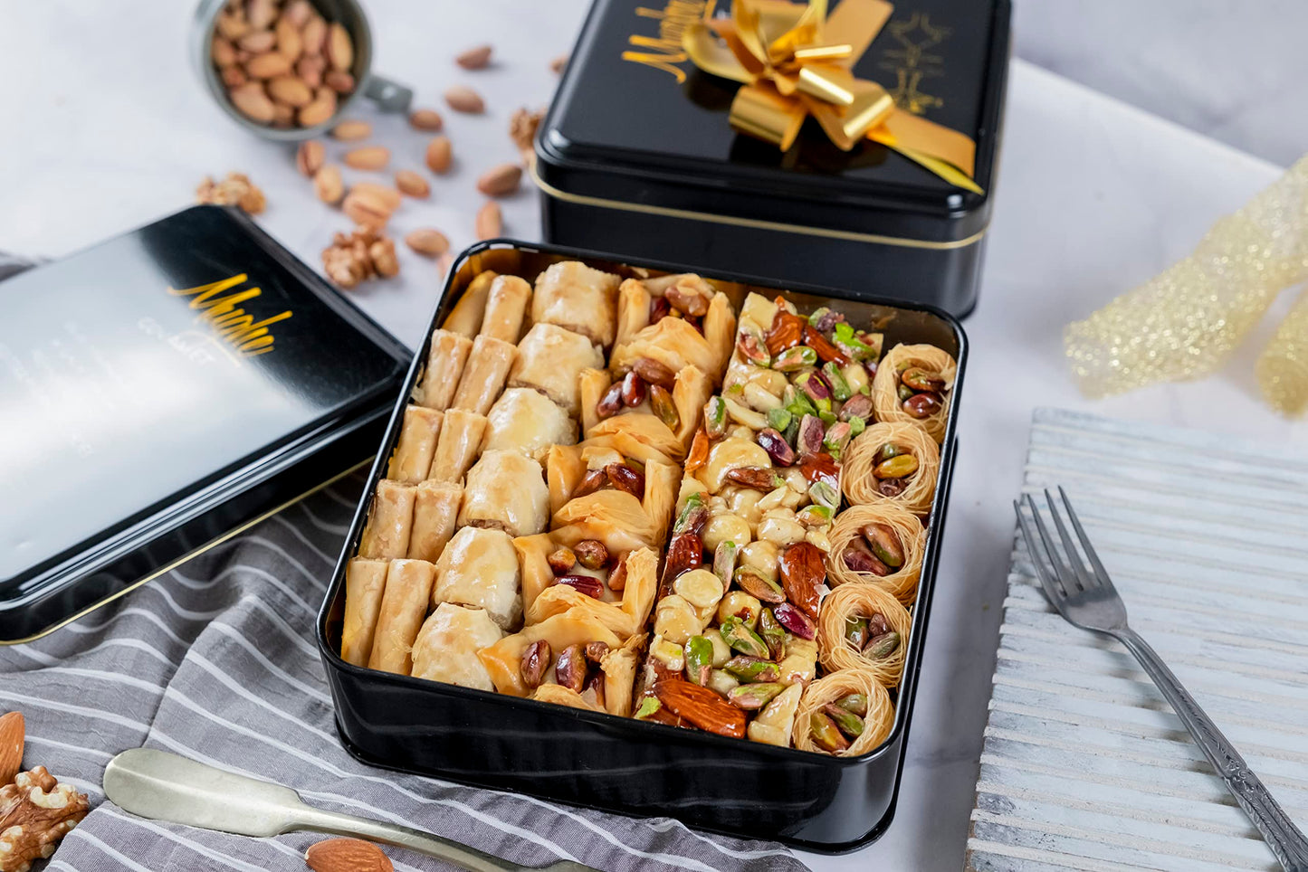Mughe Gourmet Luxury Baklava Pastry Metal Gift Box - 1.65lb/750g - Rich Pistachios, Walnuts, Cashews Double Layered Halal Baklaw