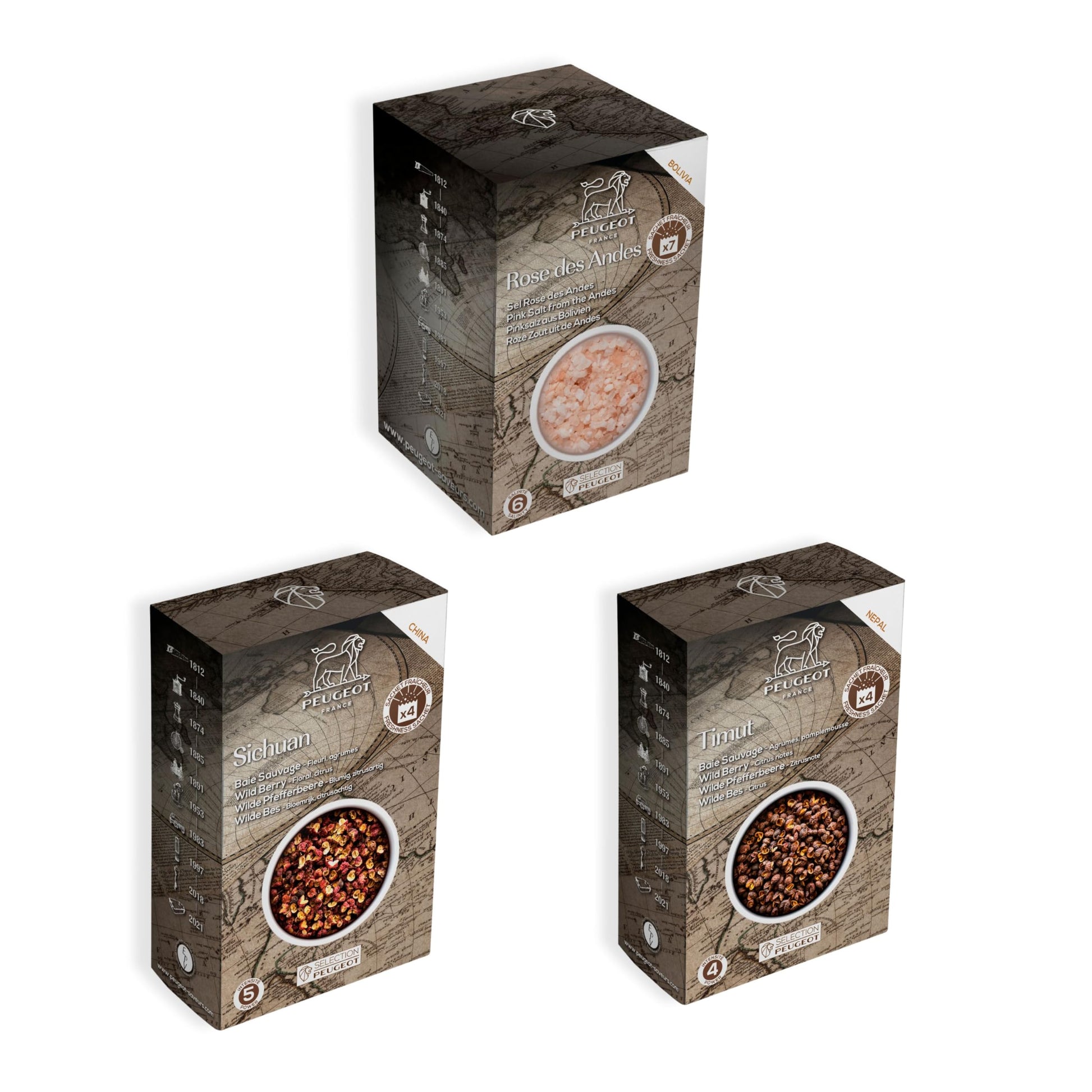 Peugeot Salt & Pepper Spice Bundle-15 Sealed Packets Total-4 Timut Wild Peppercorns, 4 Sichuan Red Peppercorns, and 7 Pink Boliv