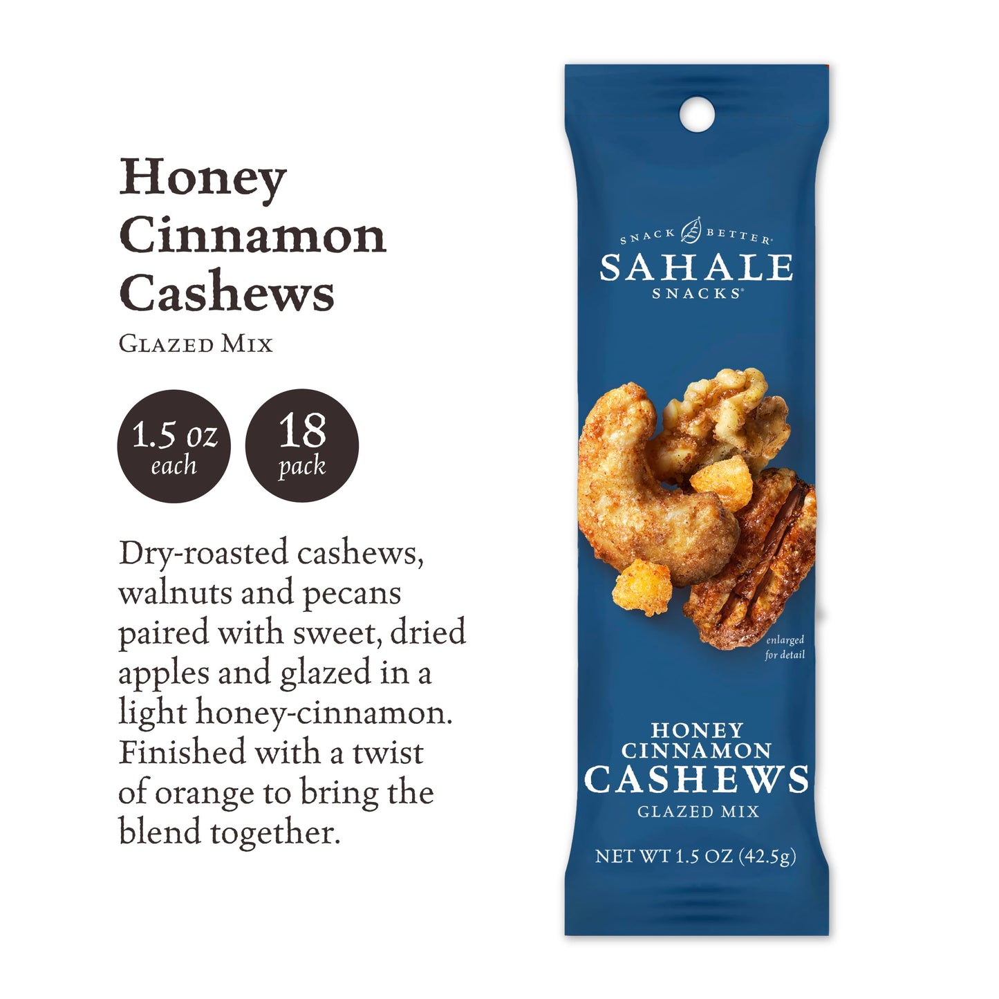 Sahale Snacks Honey Cinnamon Cashews Glazed Mix, 1.5 oz Bags, Non-GMO, Gluten-Free, 18 Packs