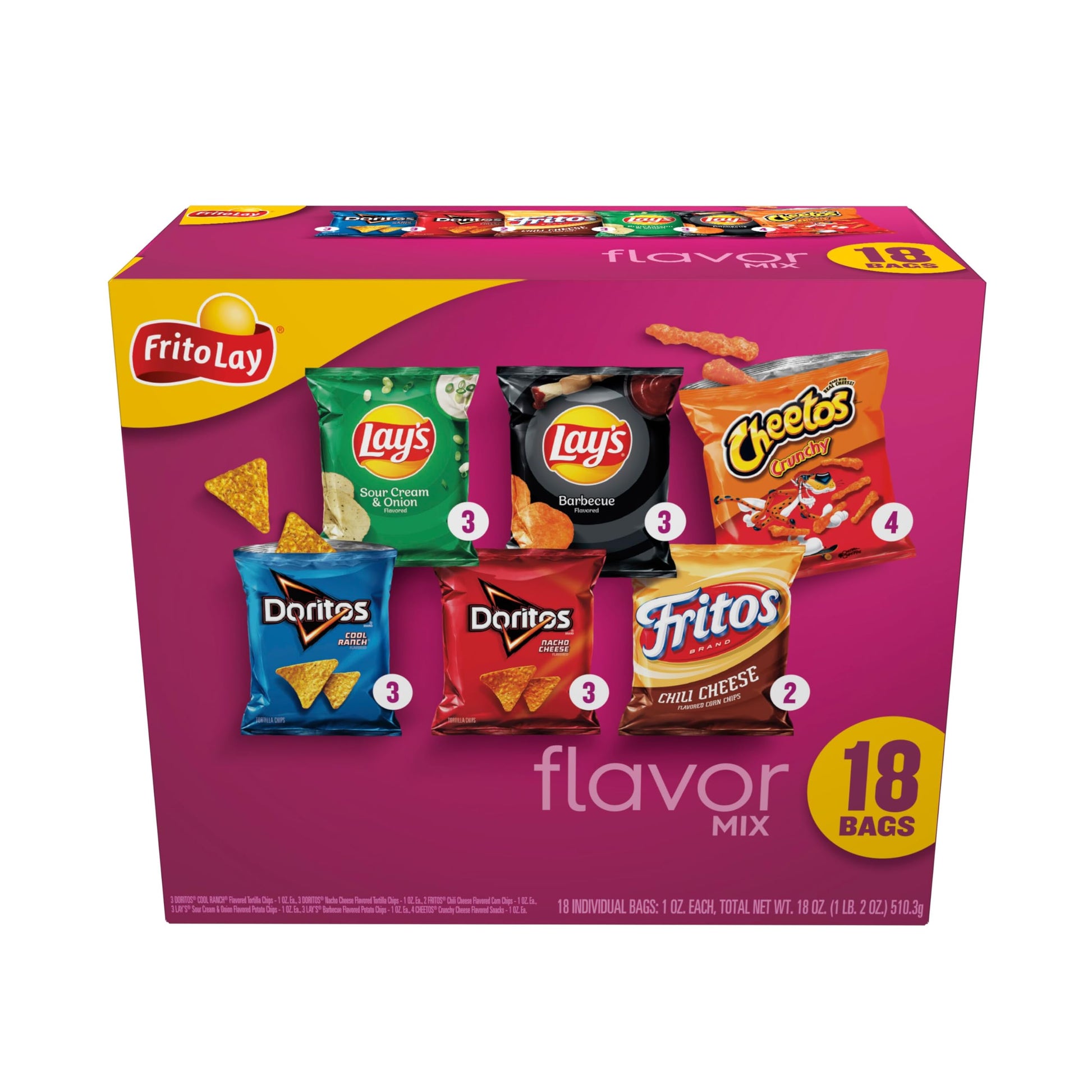 Frito-Lay Snacks Flavor Mix Chips Variety Pack, Doritos, Lays, Chetos, Fritos, 1oz Bags -18 Count (Pack of 1) (Assortment May V
