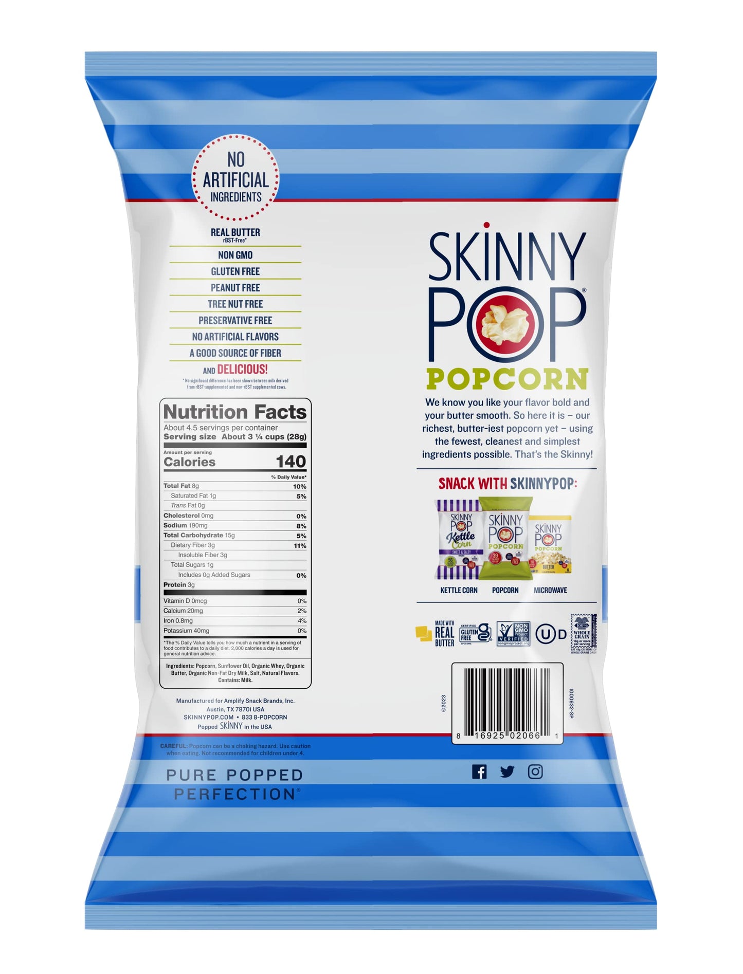 Skinnypop Butter Popcorn, Gluten Free, Non-Gmo, Healthy Popcorn Snacks, Skinny Pop, 4.4Oz Grocery Size Bags (12 Count)