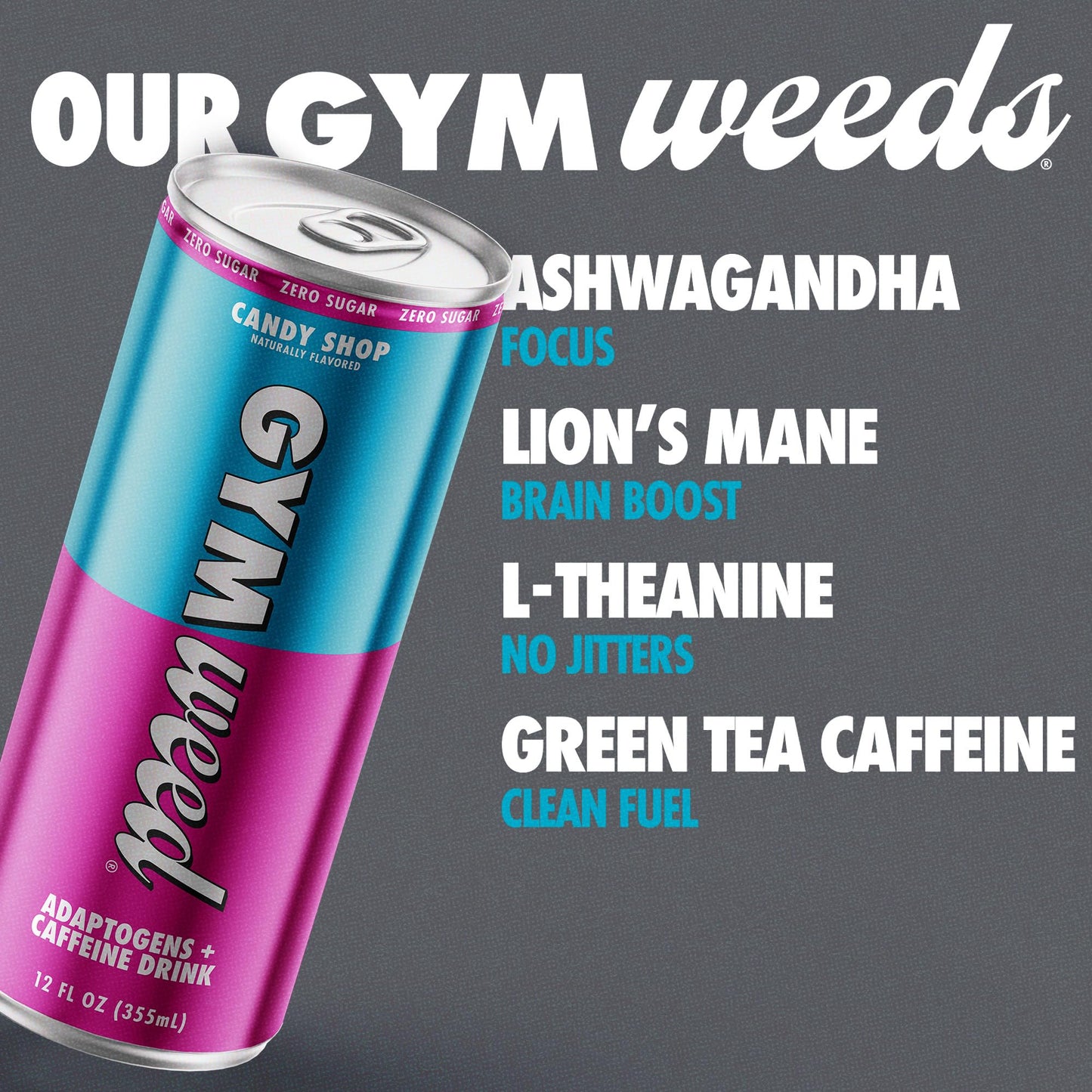 GYM   Athletic Focus Drink with KSM-66 Ashwagandha, Lions Mane, 200mg Green Tea Caffeine, Brain Candy Flavor, 12 Pack