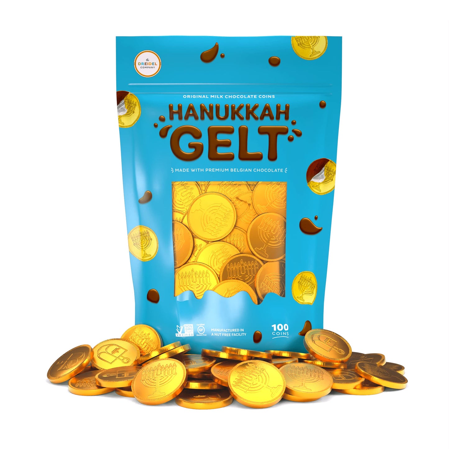 The Dreidel Company Original Milk Chocolate Coins - Gluten Free, Non GMO, Kosher Certified - 100 Coins