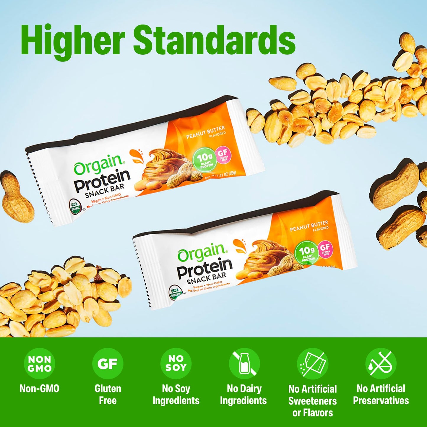 Orgain Organic Vegan Protein Bars, Peanut Butter, 10g Protein, Gluten Free, Non-GMO, Pack of 12